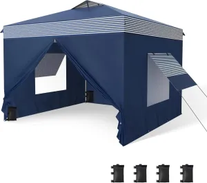 PHI VILLA 10'x10' Pop Up Canopy Tent with Sidewalls - Easy Up Tent with Mesh Windows for Ventilation, Waterproof Design - Ideal for Parties, Beach, and Outdoor Events (Navy Stripe)