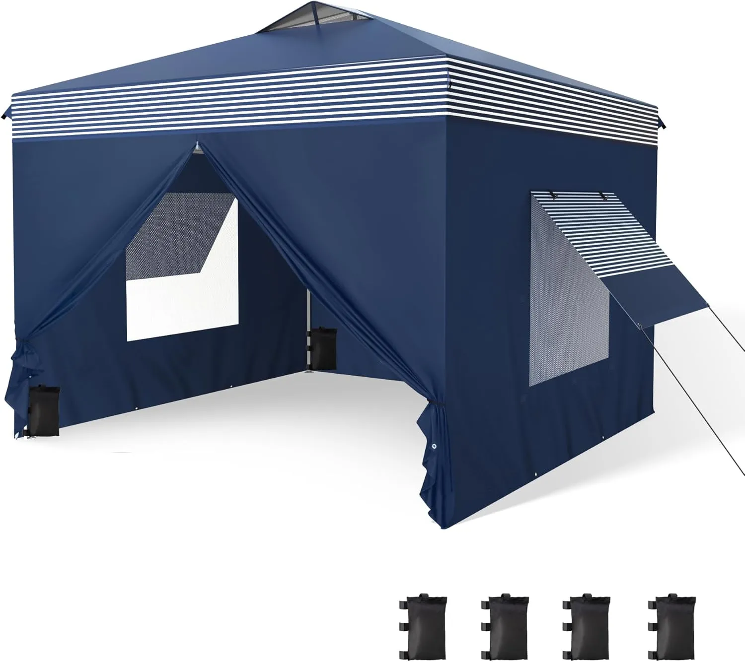 PHI VILLA 10'x10' Pop Up Canopy Tent with Sidewalls - Easy Up Tent with Mesh Windows for Ventilation, Waterproof Design - Ideal for Parties, Beach, and Outdoor Events (Navy Stripe)