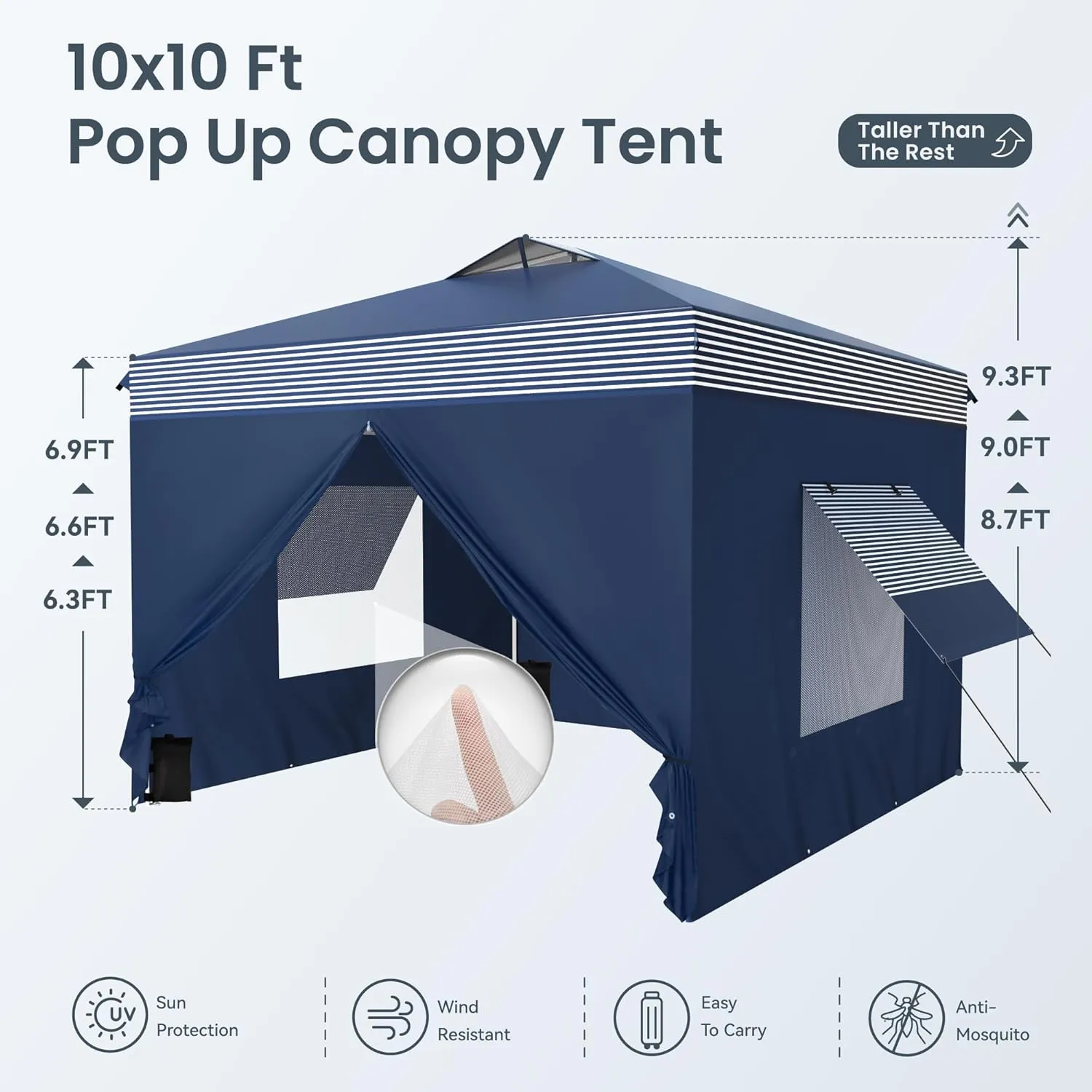 PHI VILLA 10'x10' Pop Up Canopy Tent with Sidewalls - Easy Up Tent with Mesh Windows for Ventilation, Waterproof Design - Ideal for Parties, Beach, and Outdoor Events (Navy Stripe)