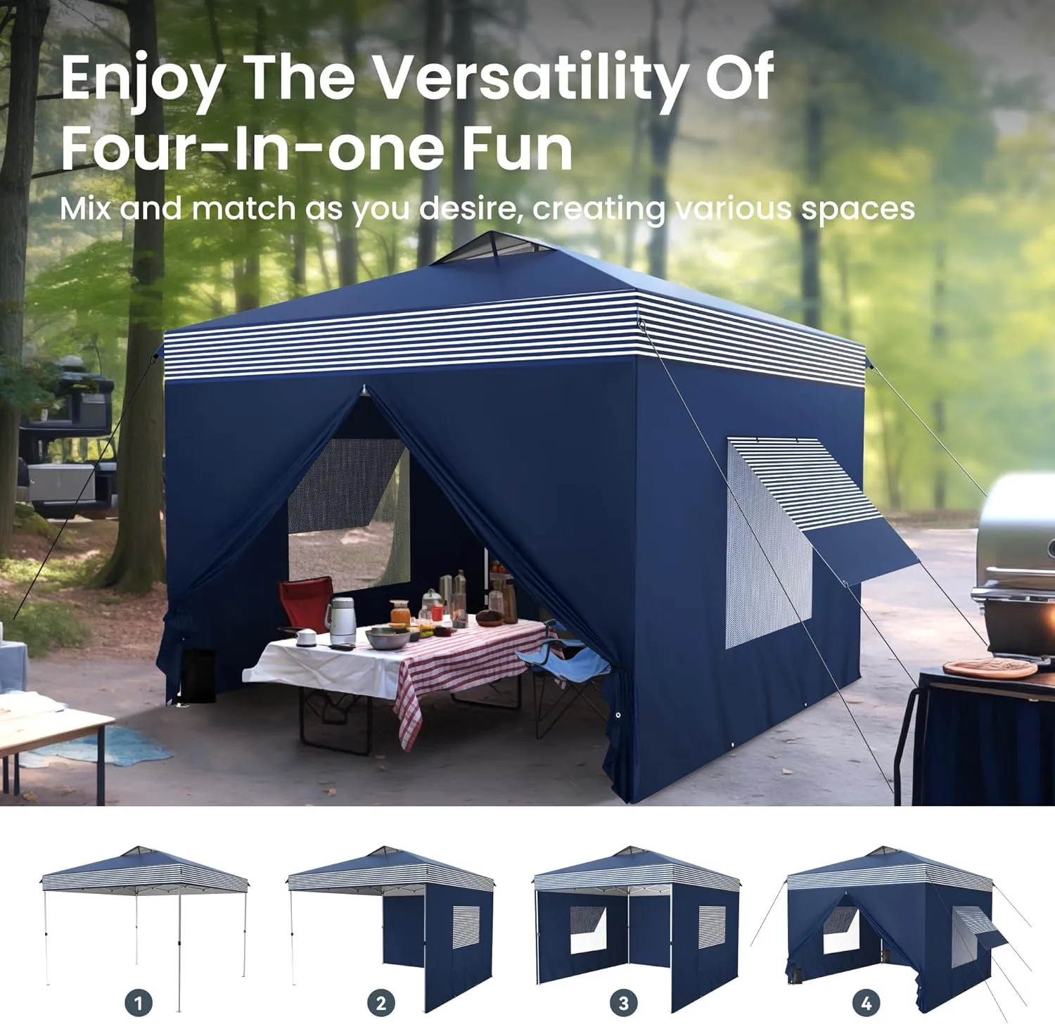 PHI VILLA 10'x10' Pop Up Canopy Tent with Sidewalls - Easy Up Tent with Mesh Windows for Ventilation, Waterproof Design - Ideal for Parties, Beach, and Outdoor Events (Navy Stripe)
