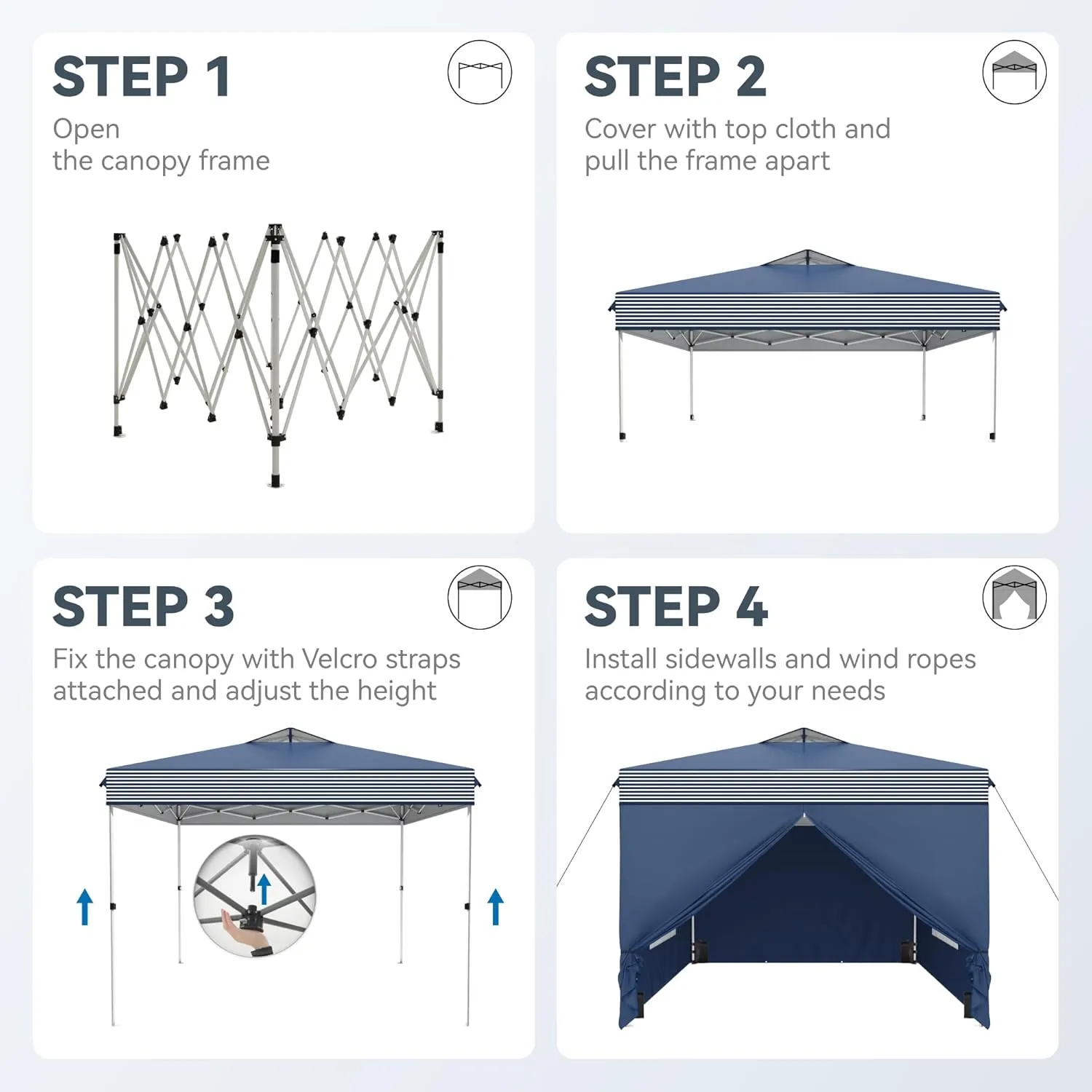 PHI VILLA 10'x10' Pop Up Canopy Tent with Sidewalls - Easy Up Tent with Mesh Windows for Ventilation, Waterproof Design - Ideal for Parties, Beach, and Outdoor Events (Navy Stripe)