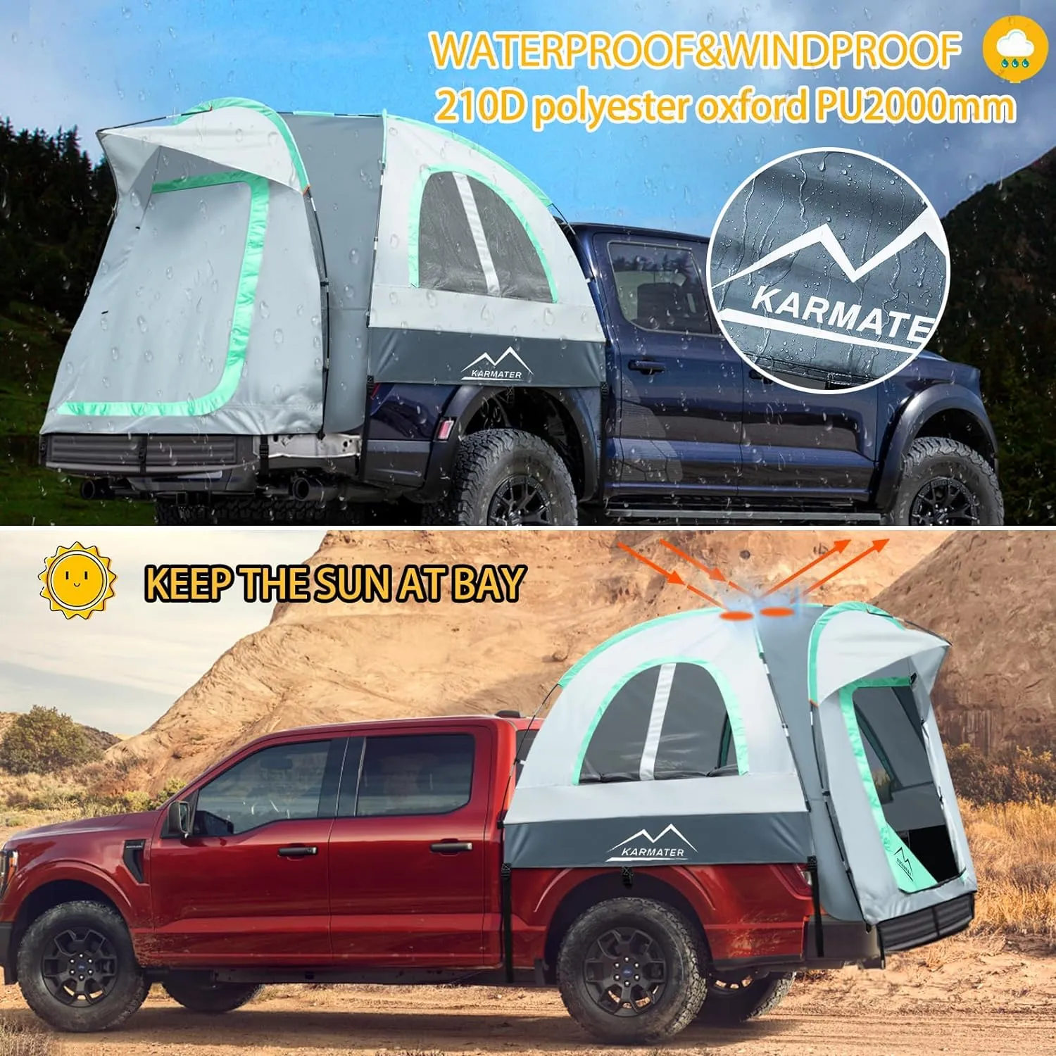 Pickup Truck Tent, Waterproof PU2000mm for Camping 5.5-6.5 Ft Bed, 2-Person Sleeping With Double Layer Design Windows, Expandable Triangle Sunshade Awning