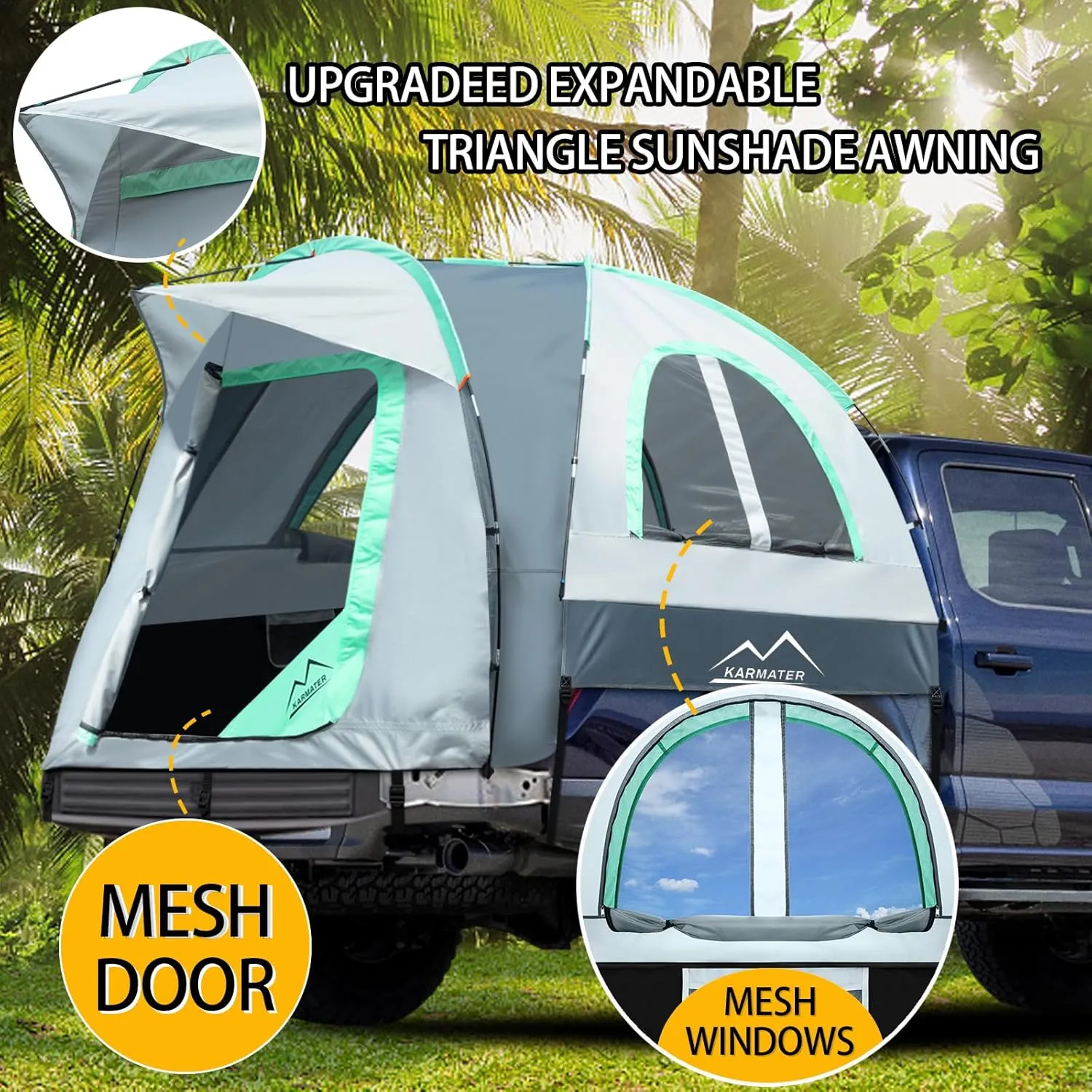 Pickup Truck Tent, Waterproof PU2000mm for Camping 5.5-6.5 Ft Bed, 2-Person Sleeping With Double Layer Design Windows, Expandable Triangle Sunshade Awning