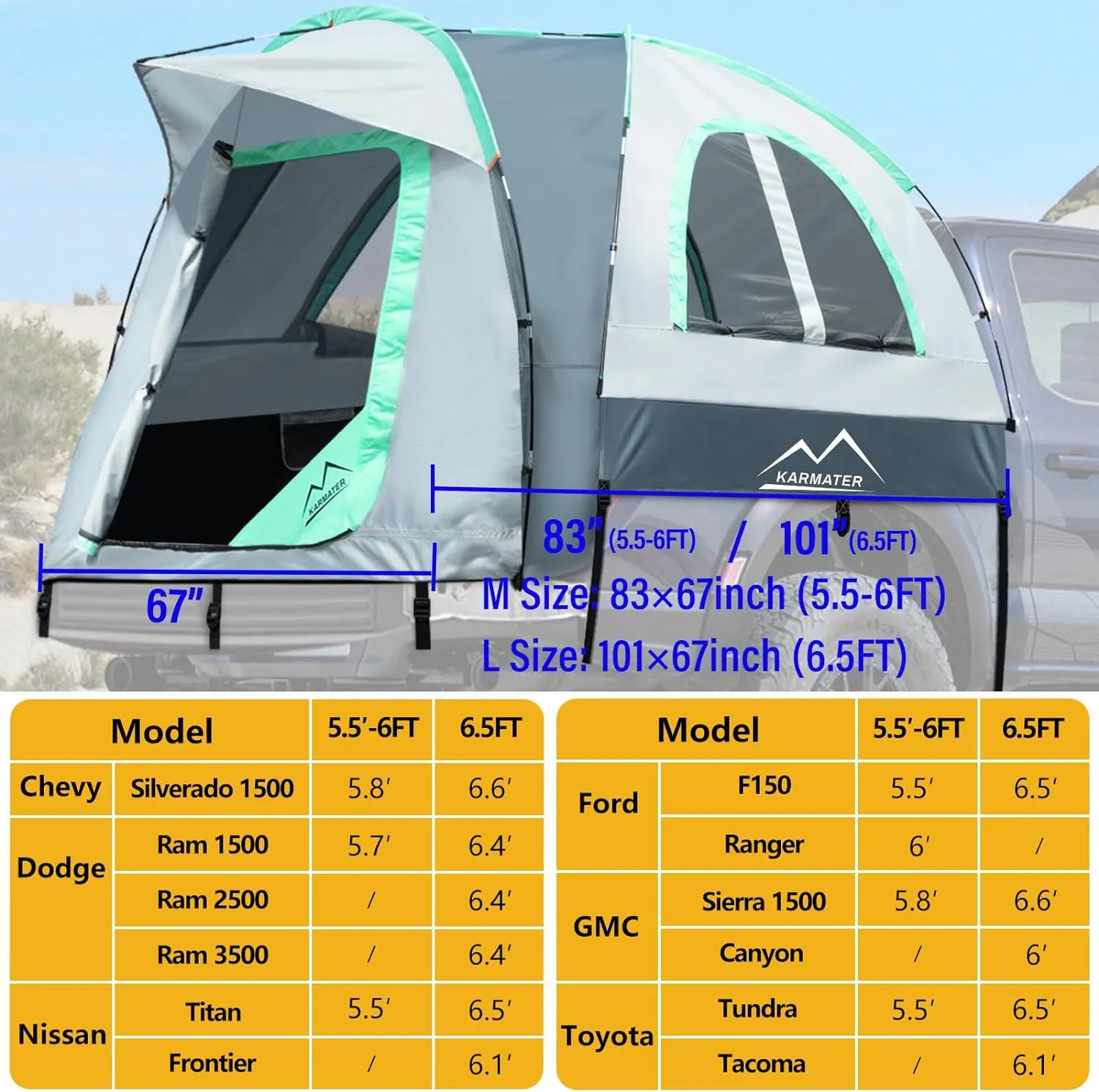 Pickup Truck Tent, Waterproof PU2000mm for Camping 5.5-6.5 Ft Bed, 2-Person Sleeping With Double Layer Design Windows, Expandable Triangle Sunshade Awning
