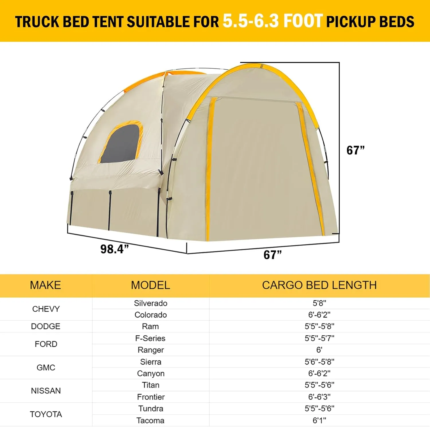 Pickup Truck Tent with Awning Shade,Waterproof PU5000mm Oxford for 5.5-6.3 FT Truck Bed for Camping Travel Outdoor Activities for Chevy Silverado 1500,Ram 1500/Dakota,F150,GMC 1500,Titan,Tundra