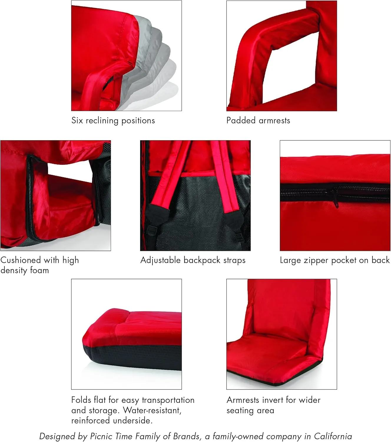 PICNIC TIME Disney Pixar Cars Lightning McQueen Ventura Reclining Stadium Seat with Back Support, Bleacher Seat, Beach Floor Chair, (Red)