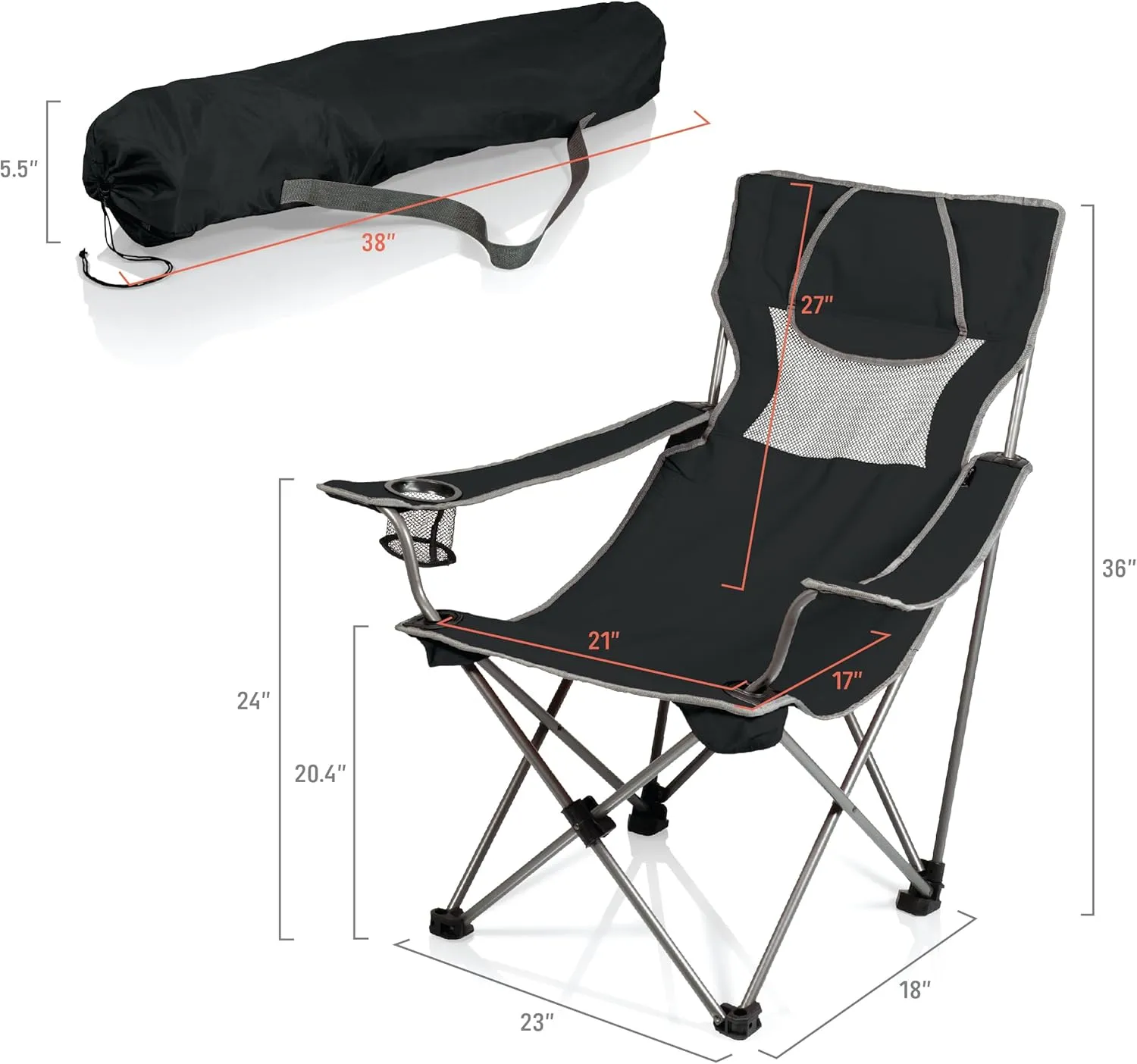 PICNIC TIME NCAA Oregon State Beavers Campsite Camping Chair, Picnic Chair, Outdoor Folding Chair with Carry Bag, Beach Chair, (Black with Gray Accents)