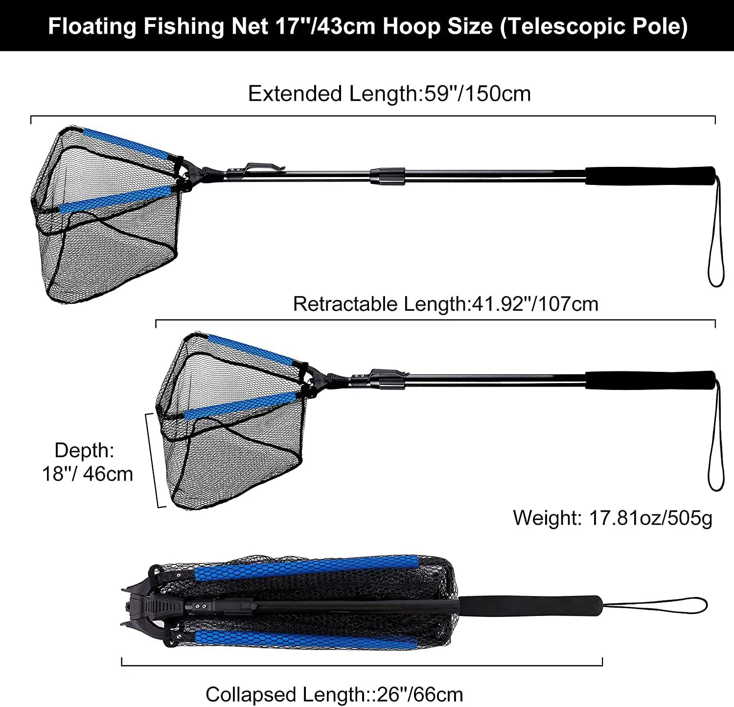 PLUSINNO Fishing Net Fish Landing Net, Foldable Collapsible Telescopic Pole Handle, Durable Nylon Material Mesh, Safe Fish Catching or Releasing
