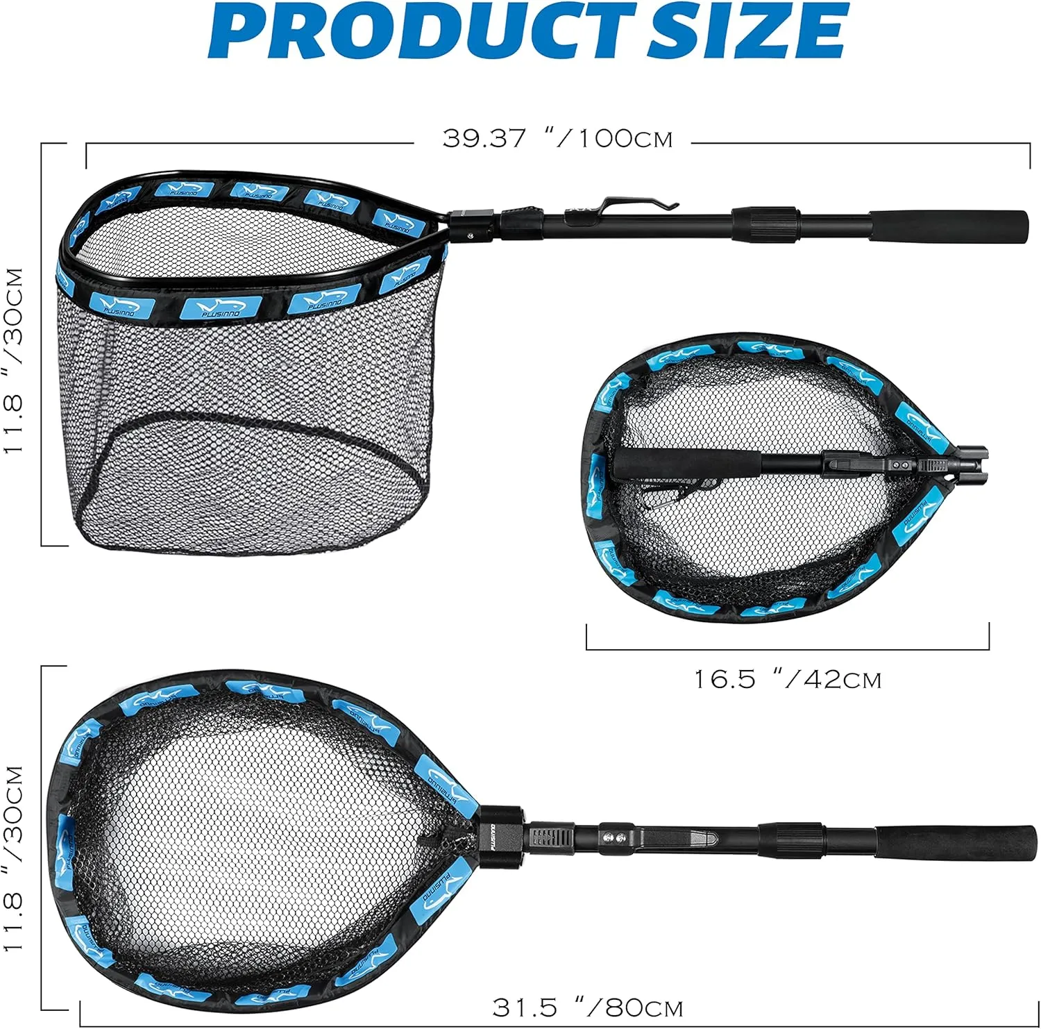 PLUSINNO Floating Fishing Net for Steelhead, Salmon, Fly, Kayak, Bass, Trout Fishing, Catfish, Rubber Coated Landing Net for Easy Catch & Release for Easy Transportation & Storage