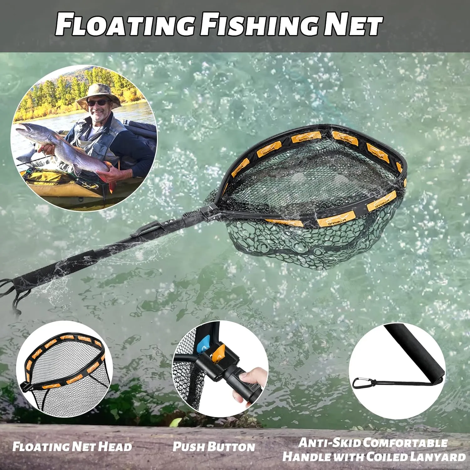 PLUSINNO Floating Fishing Net for Steelhead, Salmon, Fly, Kayak, Bass, Trout Fishing, Catfish, Rubber Coated Landing Net for Easy Catch & Release for Easy Transportation & Storage