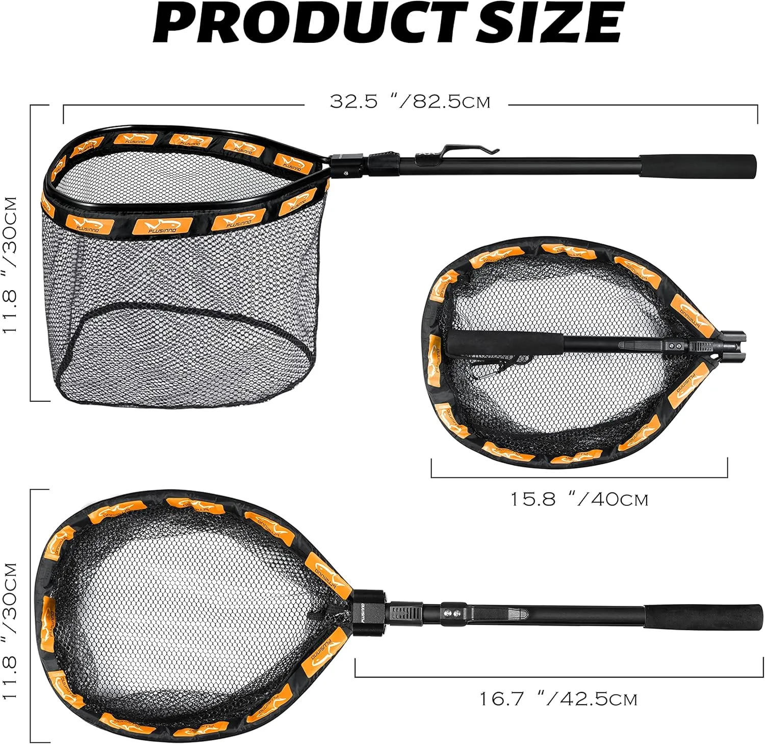 PLUSINNO Floating Fishing Net for Steelhead, Salmon, Fly, Kayak, Bass, Trout Fishing, Catfish, Rubber Coated Landing Net for Easy Catch & Release for Easy Transportation & Storage