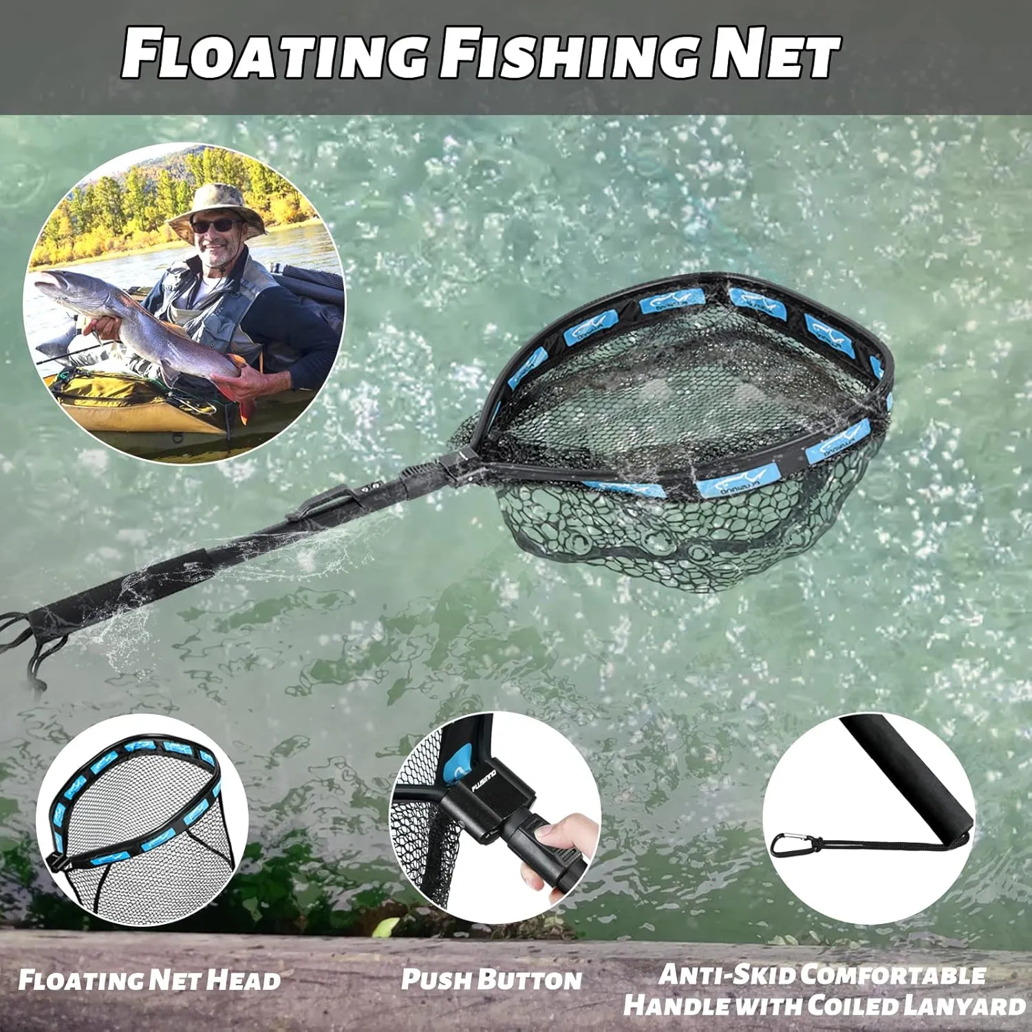 PLUSINNO Floating Fishing Net for Steelhead, Salmon, Fly, Kayak, Bass, Trout Fishing, Catfish, Rubber Coated Landing Net for Easy Catch & Release for Easy Transportation & Storage