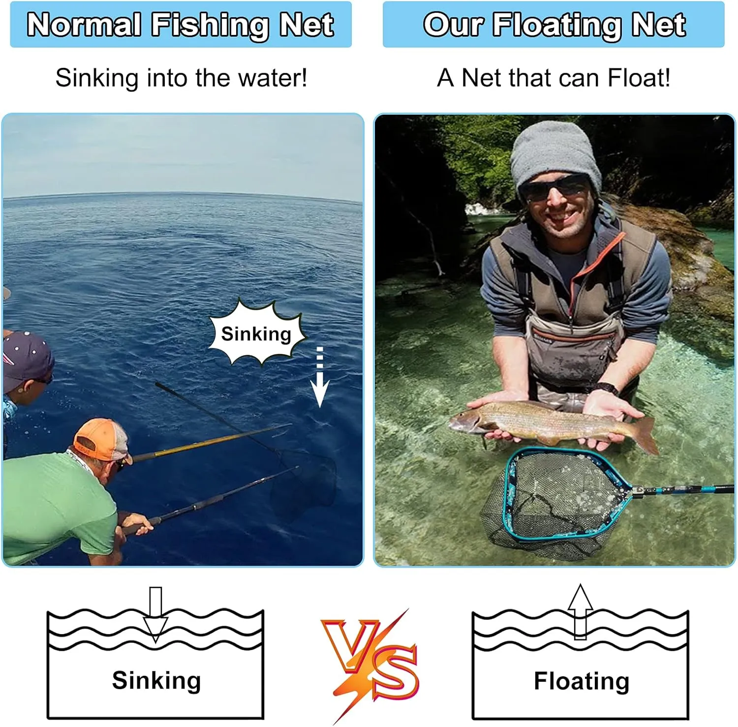 PLUSINNO Floating Fishing Net for Steelhead, Salmon, Fly, Kayak, Catfish, Bass, Trout Fishing, Rubber Coated Landing Net for Easy Catch & Release, Compact & Foldable for Easy Transportation & Storage