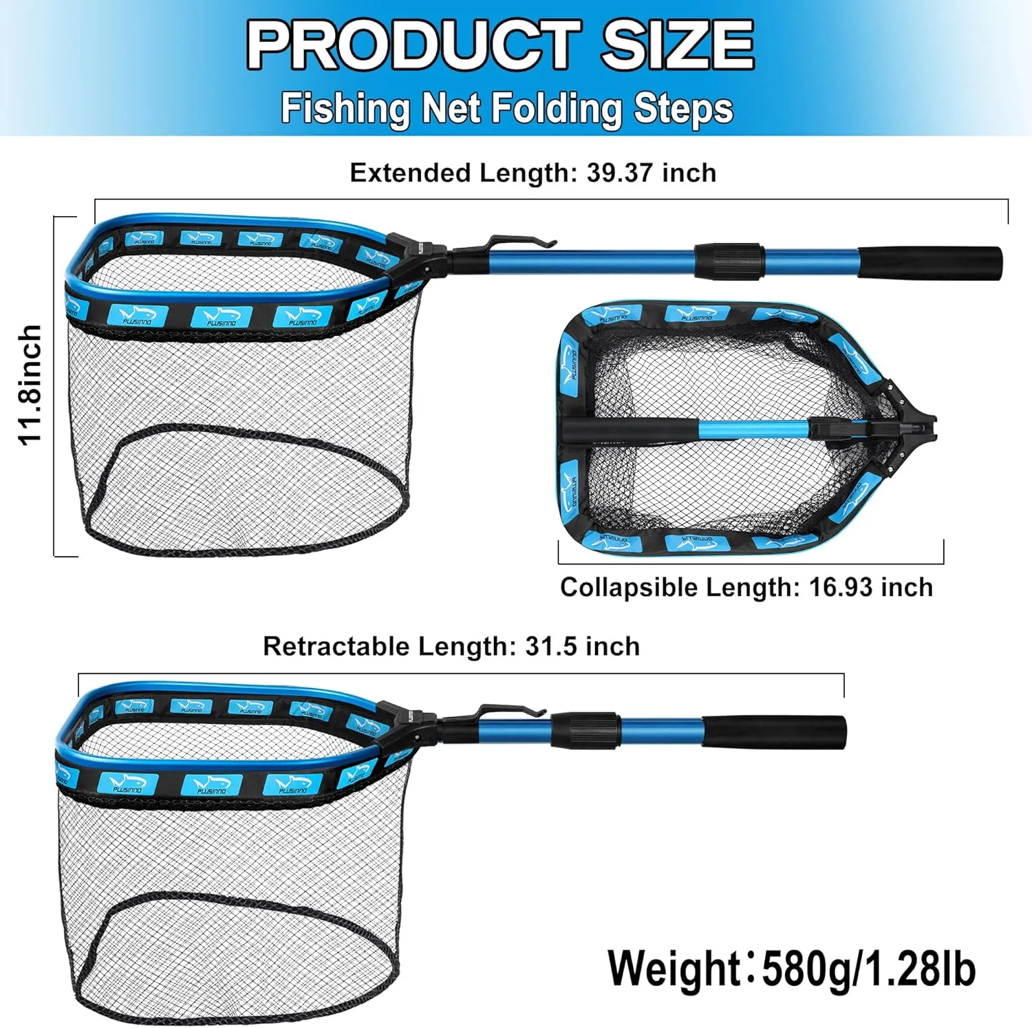 PLUSINNO Floating Fishing Net for Steelhead, Salmon, Fly, Kayak, Catfish, Bass, Trout Fishing, Rubber Coated Landing Net for Easy Catch & Release, Compact & Foldable for Easy Transportation & Storage