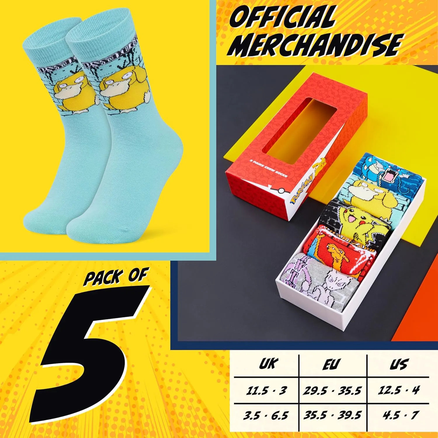 Pokemon Boys Calf Socks, Soft Breathable Kids Socks, Pack of 5 - Gifts for Boys