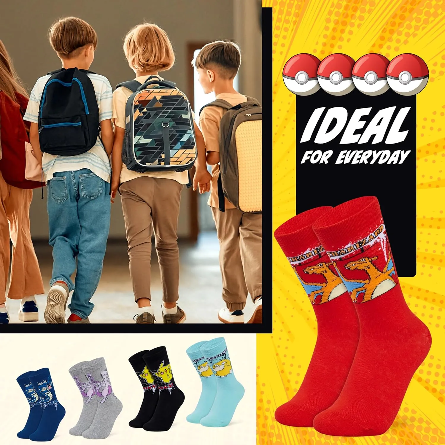 Pokemon Boys Calf Socks, Soft Breathable Kids Socks, Pack of 5 - Gifts for Boys