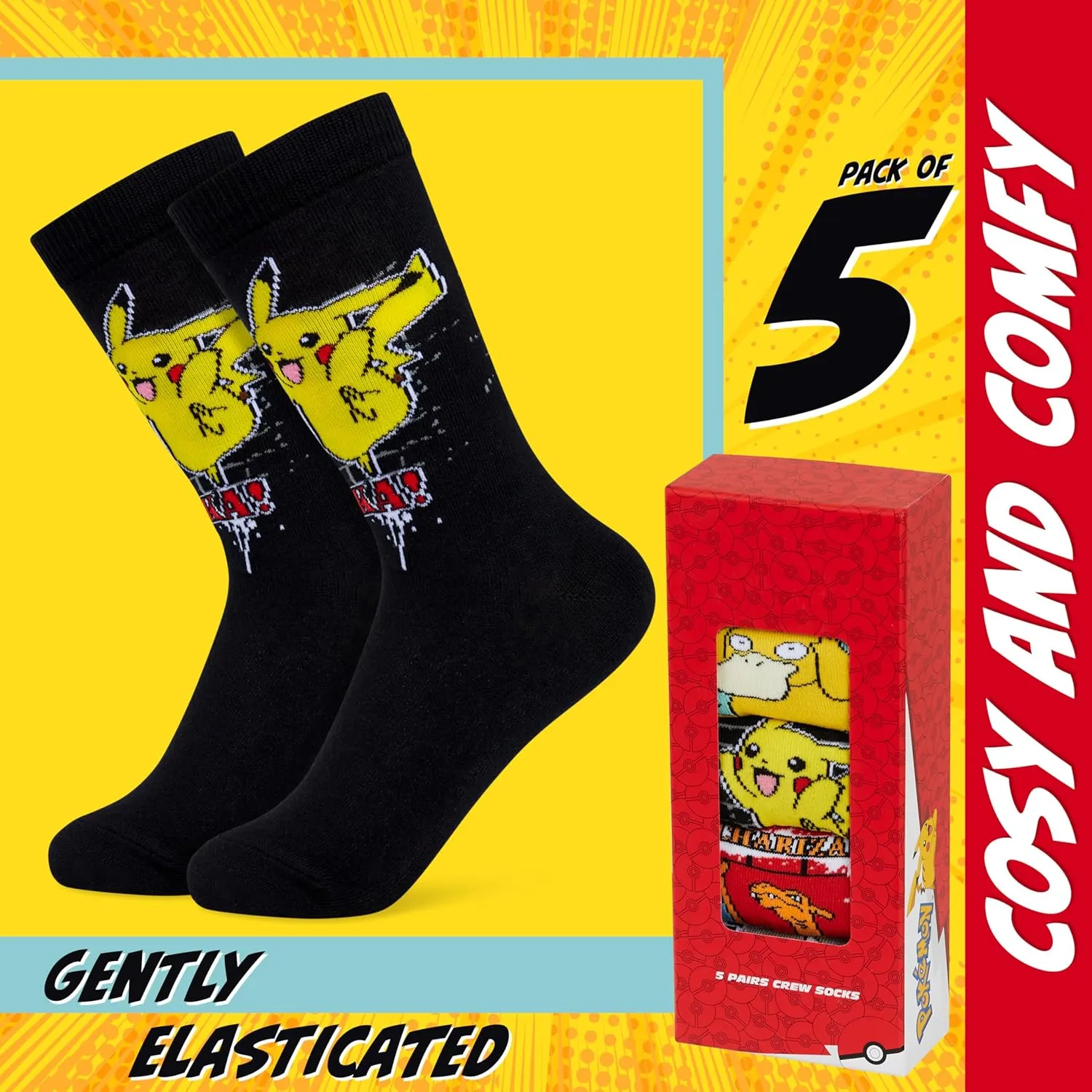 Pokemon Boys Calf Socks, Soft Breathable Kids Socks, Pack of 5 - Gifts for Boys
