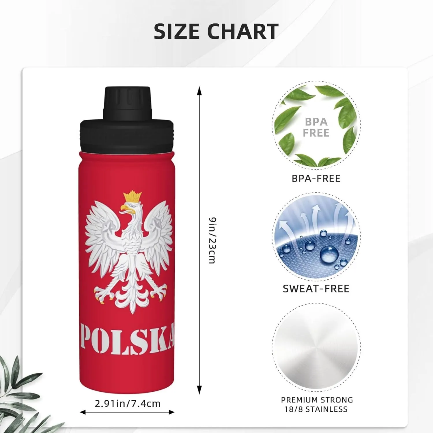 Poland Polish Flag 18 OZ Sports Insulated Water Bottle Stainless Steel Kettle Novelty Drinking Cup for Outdoor Gym Travel