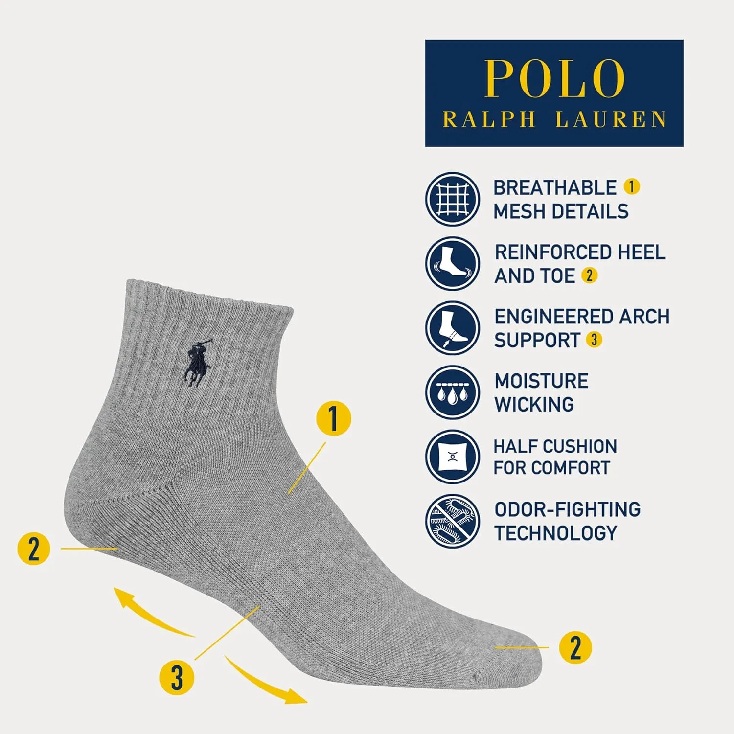 POLO RALPH LAUREN Classic Sport Solid Ankle Socks - 6 Pair Pack - Athletic Cushioned Cotton