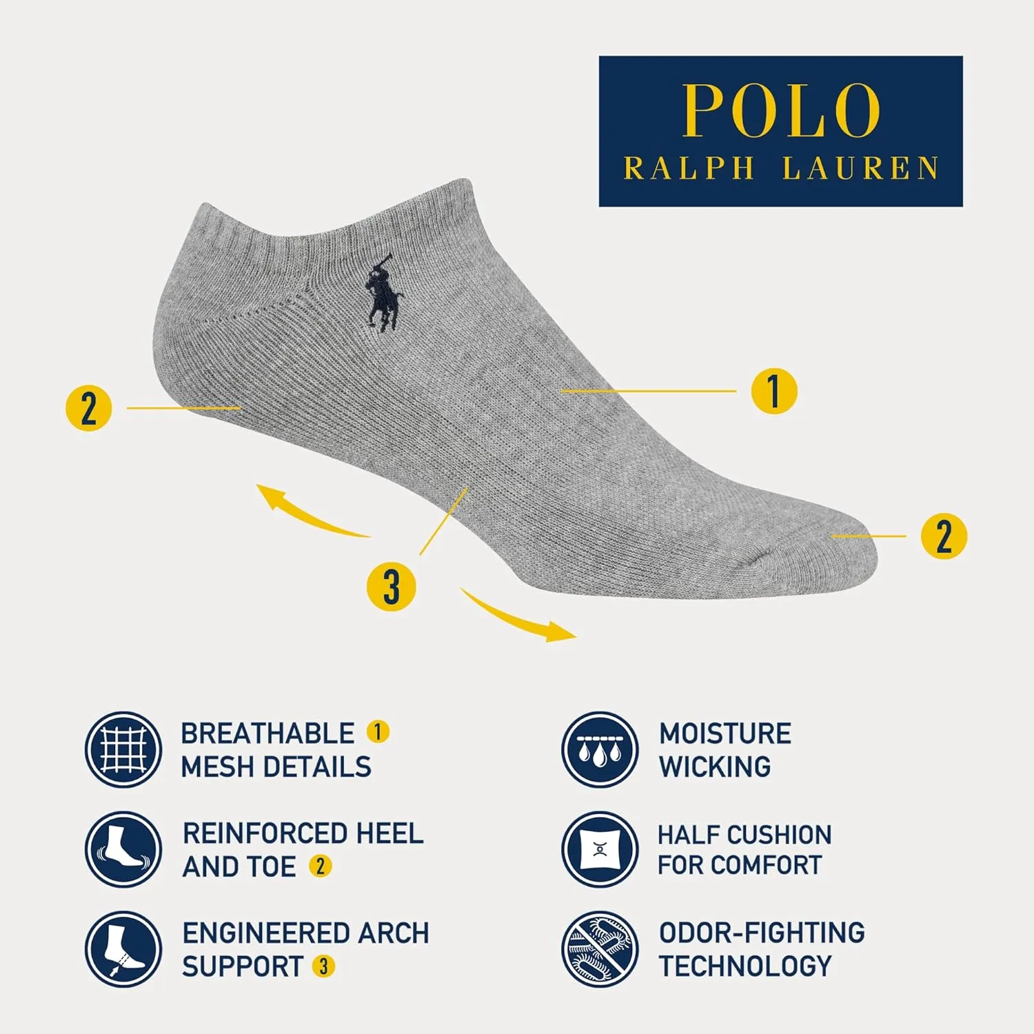 POLO RALPH LAUREN mens Classic Sport Solid Low Cut Socks - 6 Pair Pack - Athletic Cushioned Cotton