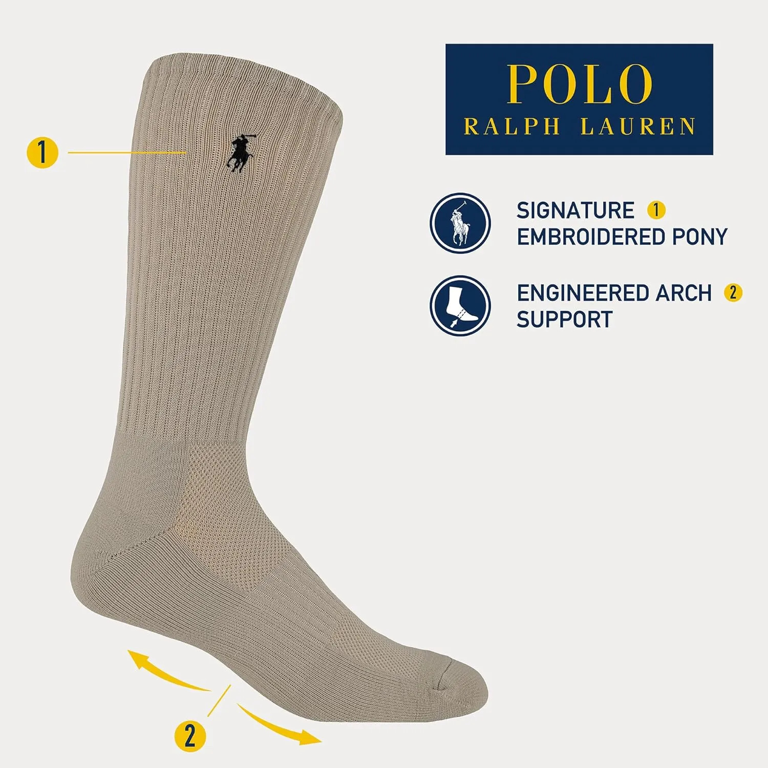 POLO RALPH LAUREN Men's Tech Athletic Crew Socks - 3 Pair Pack - Sport Cushioned Arch Support