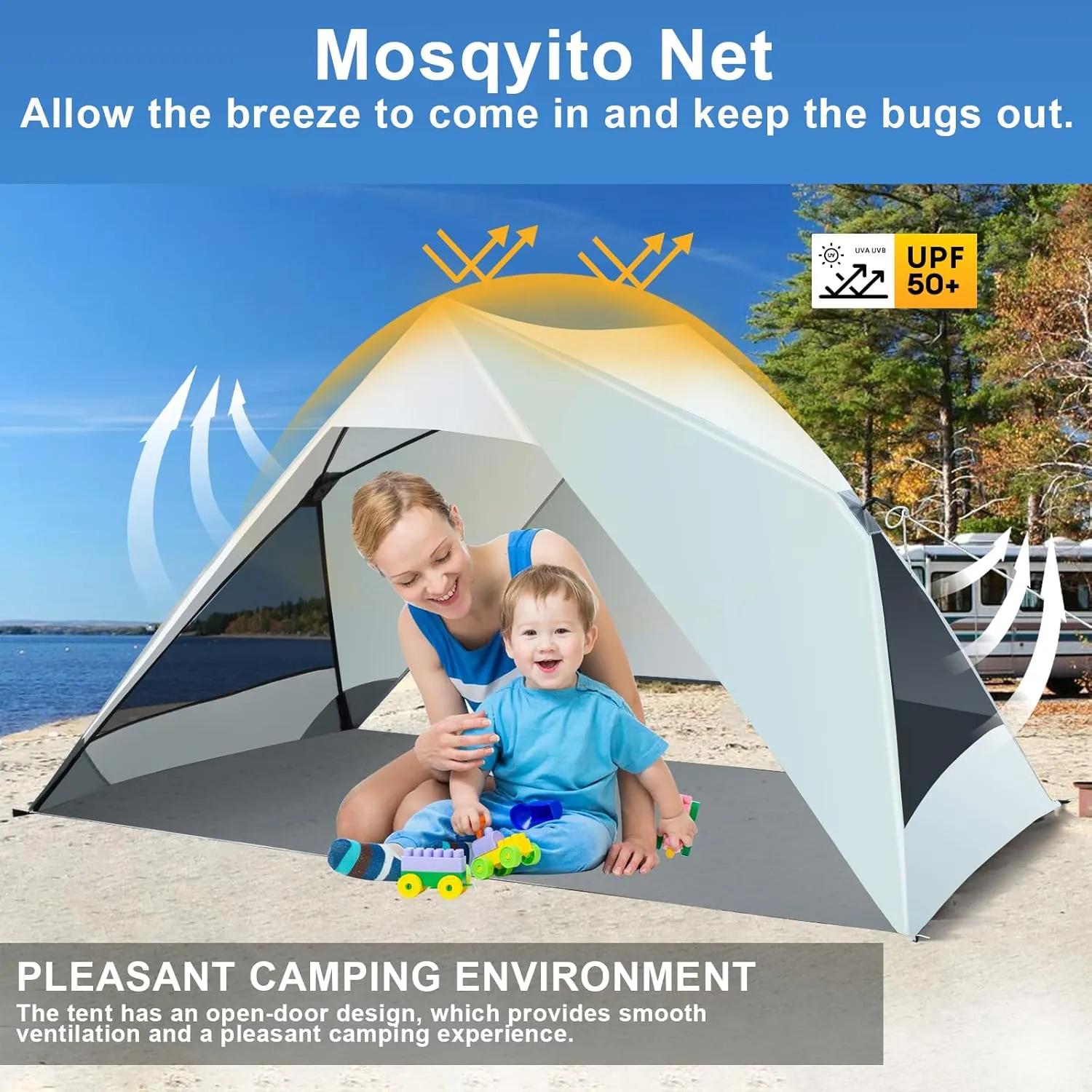 Pop Up Beach Tent for 2/3/4 Person with UPF 50  UV Protection, Lightweight & Easy Setup Beach Shade Canopy, Wind-Resistant Shelter Portable Cabana for Family Outdoor Picnics Fishing