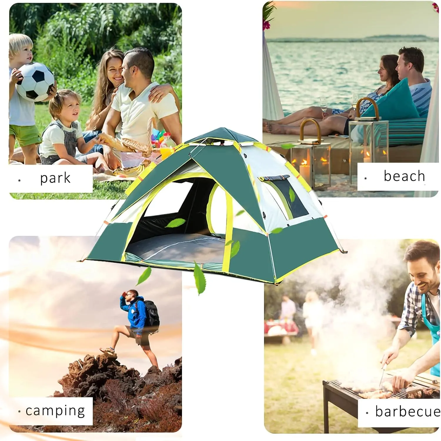 Pop up camping tent 4 person instant setup waterproof Family Tent with USB Outdoor camping light Portable Travel shelter Tent Portable and foldable, 2 mesh windows, 2D-shaped door, with carry bag,B