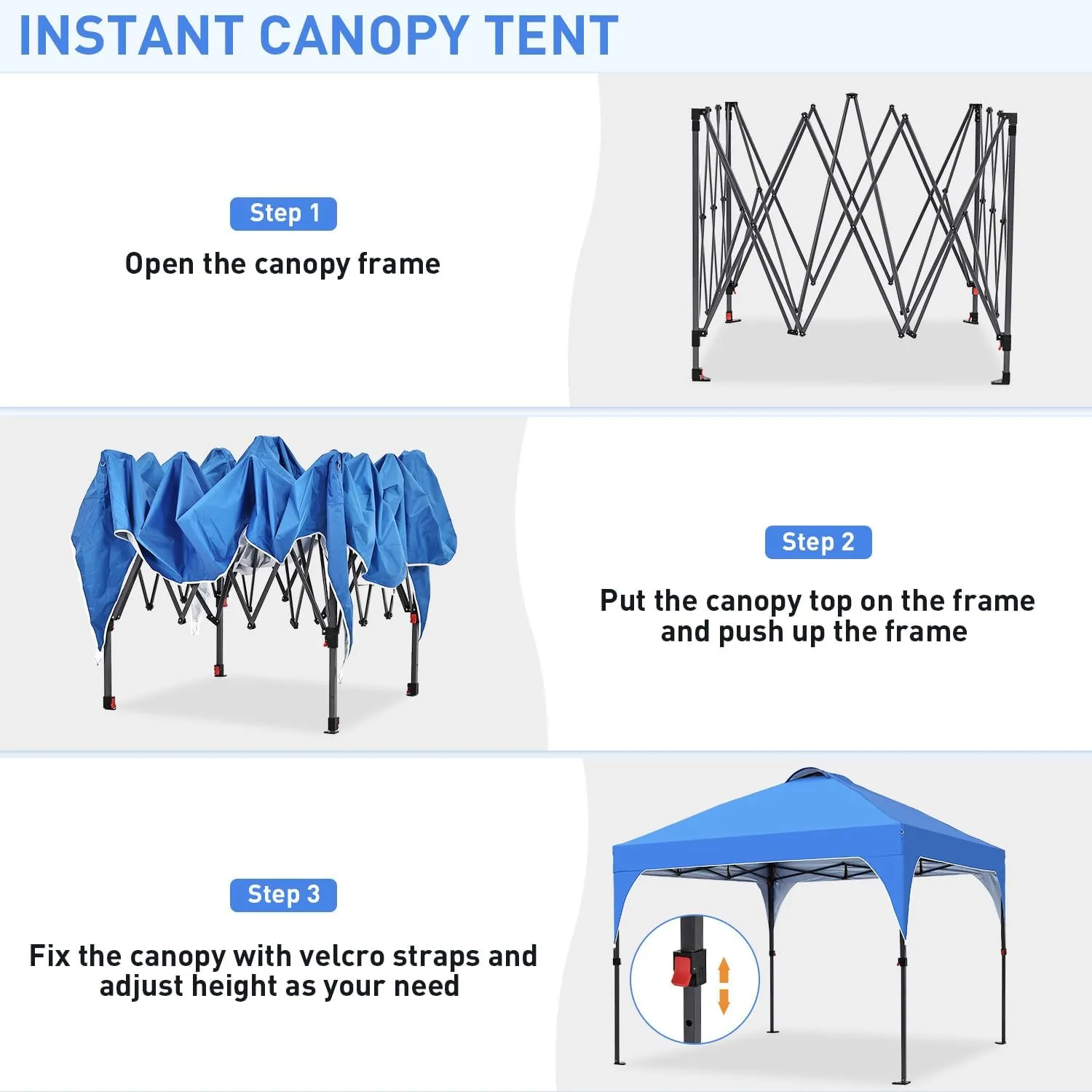 Pop Up Canopy, 8x8 FT Instant Outdoor Canopy Tent with Carrying Bag, 3 Adjustable Heights - Portable for Event, Parties, Camping and More Outdoor Activities