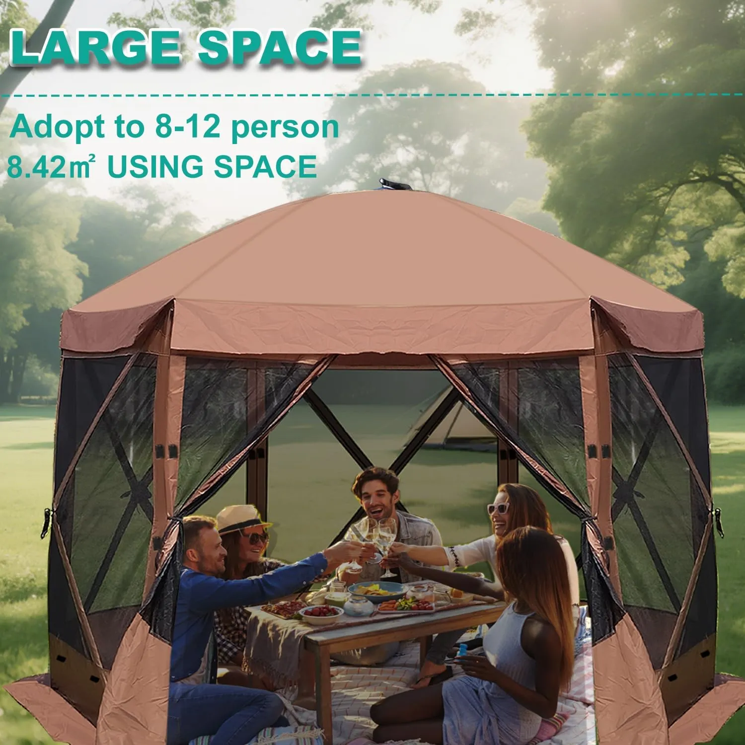 Pop Up Screen Tent, 10'x10' Windproof & UV Protection Sun Shelter, Portable Instant Setup, 6-Sided Screen Tent for Picnic, Camping, Backyard, Outdoor (Brown)