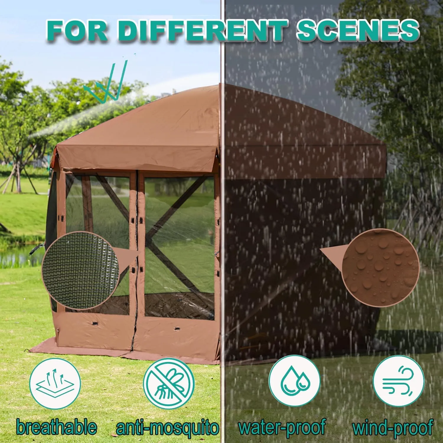 Pop Up Screen Tent, 10'x10' Windproof & UV Protection Sun Shelter, Portable Instant Setup, 6-Sided Screen Tent for Picnic, Camping, Backyard, Outdoor (Brown)