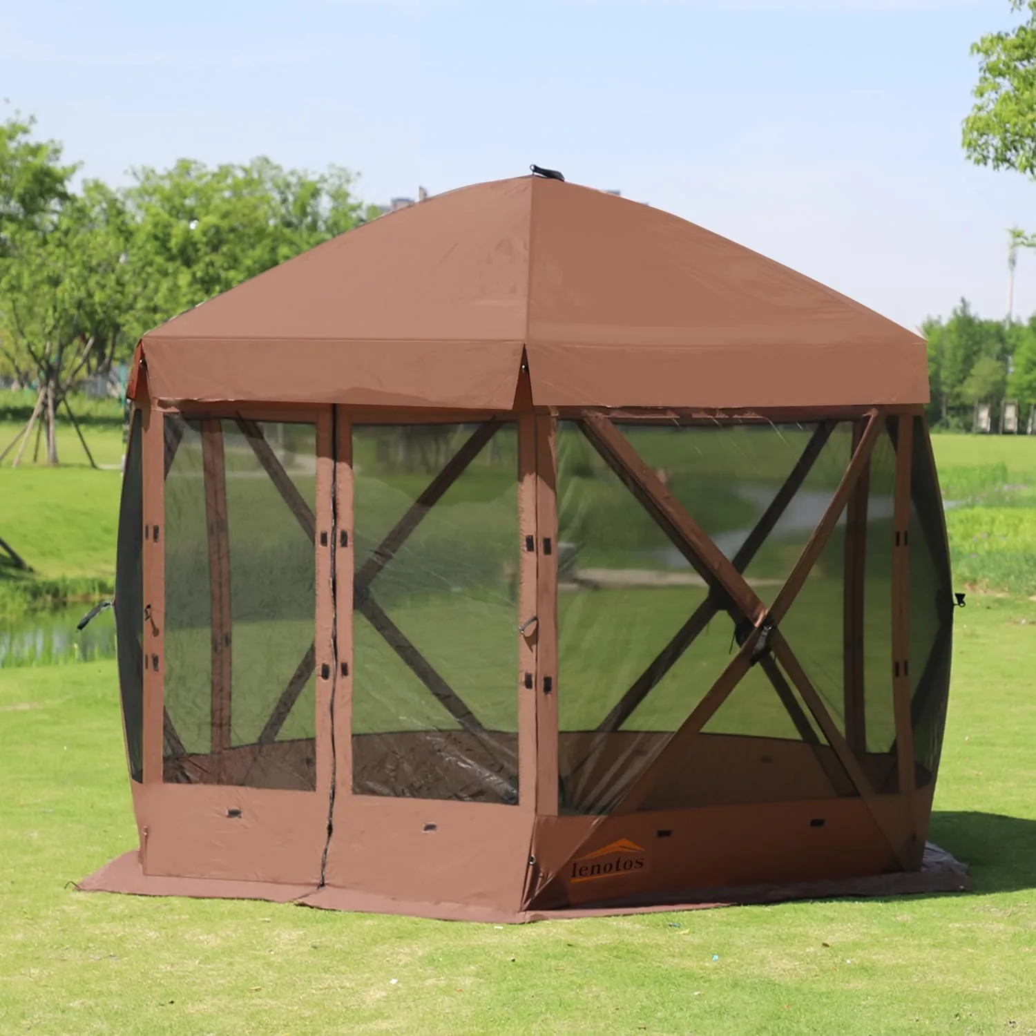 Pop Up Screen Tent, 10'x10' Windproof & UV Protection Sun Shelter, Portable Instant Setup, 6-Sided Screen Tent for Picnic, Camping, Backyard, Outdoor (Brown)