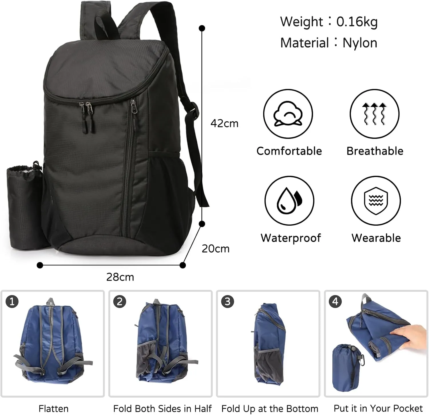 PORRASSO Hiking Backpack Foldable Waterproof Daypack Lightweight Rucksack Backpack for Women Men Camping Trekking Cycling Climbing Outdoor Sports Black A