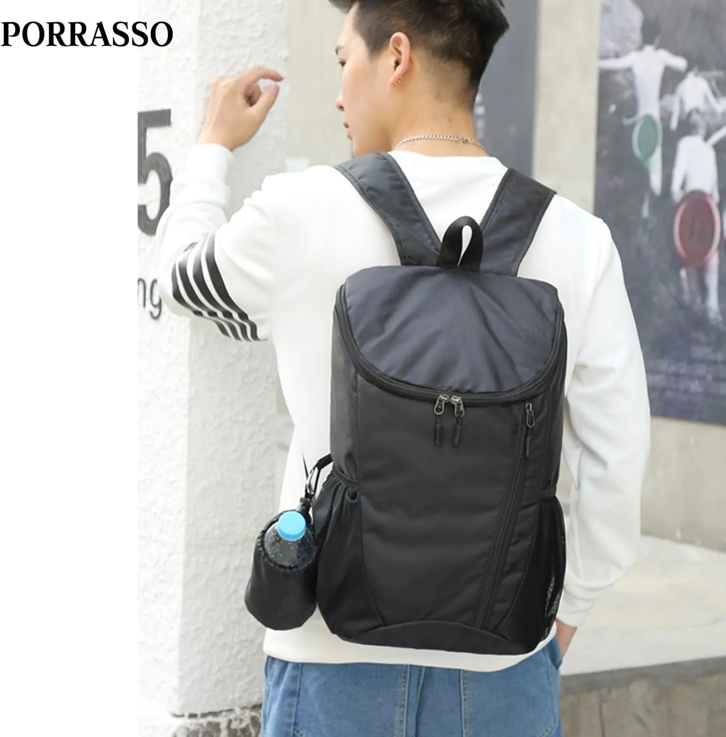 PORRASSO Hiking Backpack Foldable Waterproof Daypack Lightweight Rucksack Backpack for Women Men Camping Trekking Cycling Climbing Outdoor Sports Black A