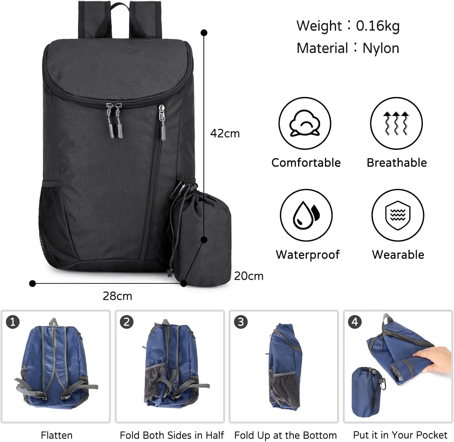 PORRASSO Hiking Backpack Foldable Waterproof Daypack Lightweight Rucksack Backpack for Women Men Camping Trekking Cycling Climbing Outdoor Sports Black B