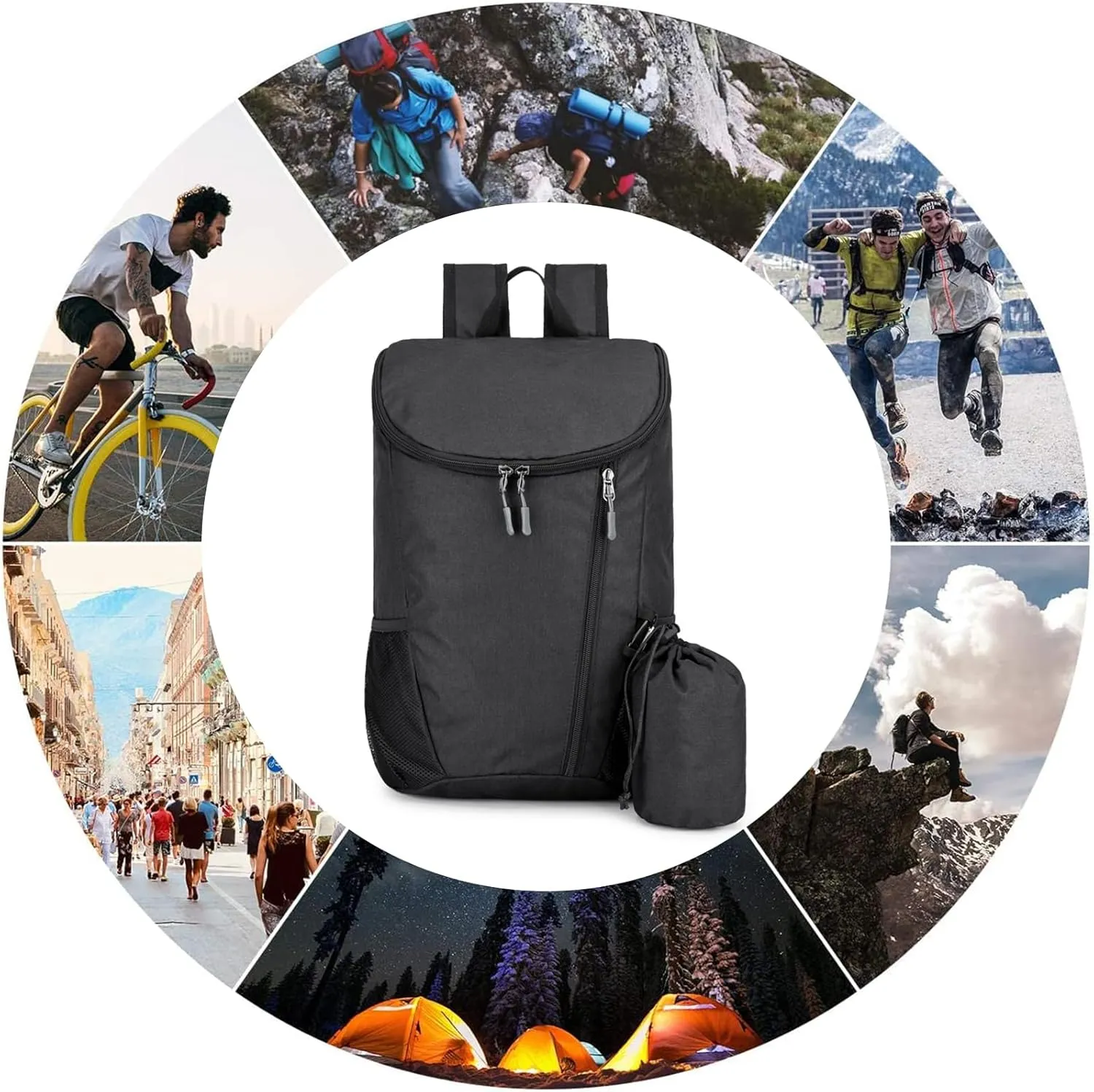PORRASSO Hiking Backpack Foldable Waterproof Daypack Lightweight Rucksack Backpack for Women Men Camping Trekking Cycling Climbing Outdoor Sports Black B