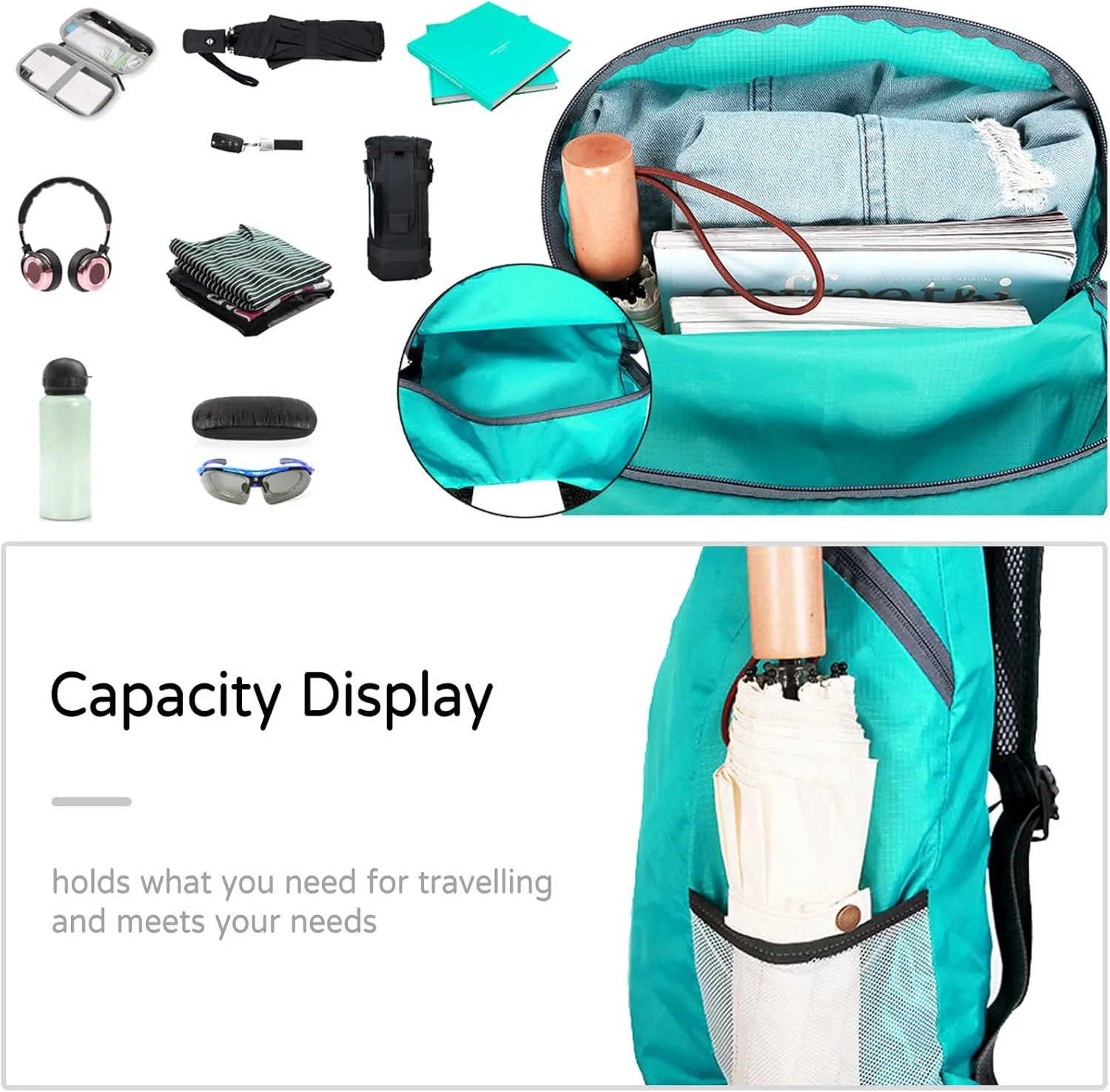 PORRASSO Hiking Backpack Lightweight Waterproof Daypack 20L Foldable Rucksack Backpack for Women Men Camping Trekking Cycling Climbing Outdoor Sports Grey