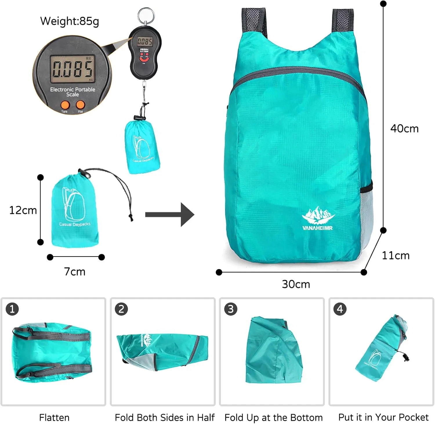 PORRASSO Hiking Backpack Lightweight Waterproof Daypack 20L Foldable Rucksack Backpack for Women Men Camping Trekking Cycling Climbing Outdoor Sports Grey