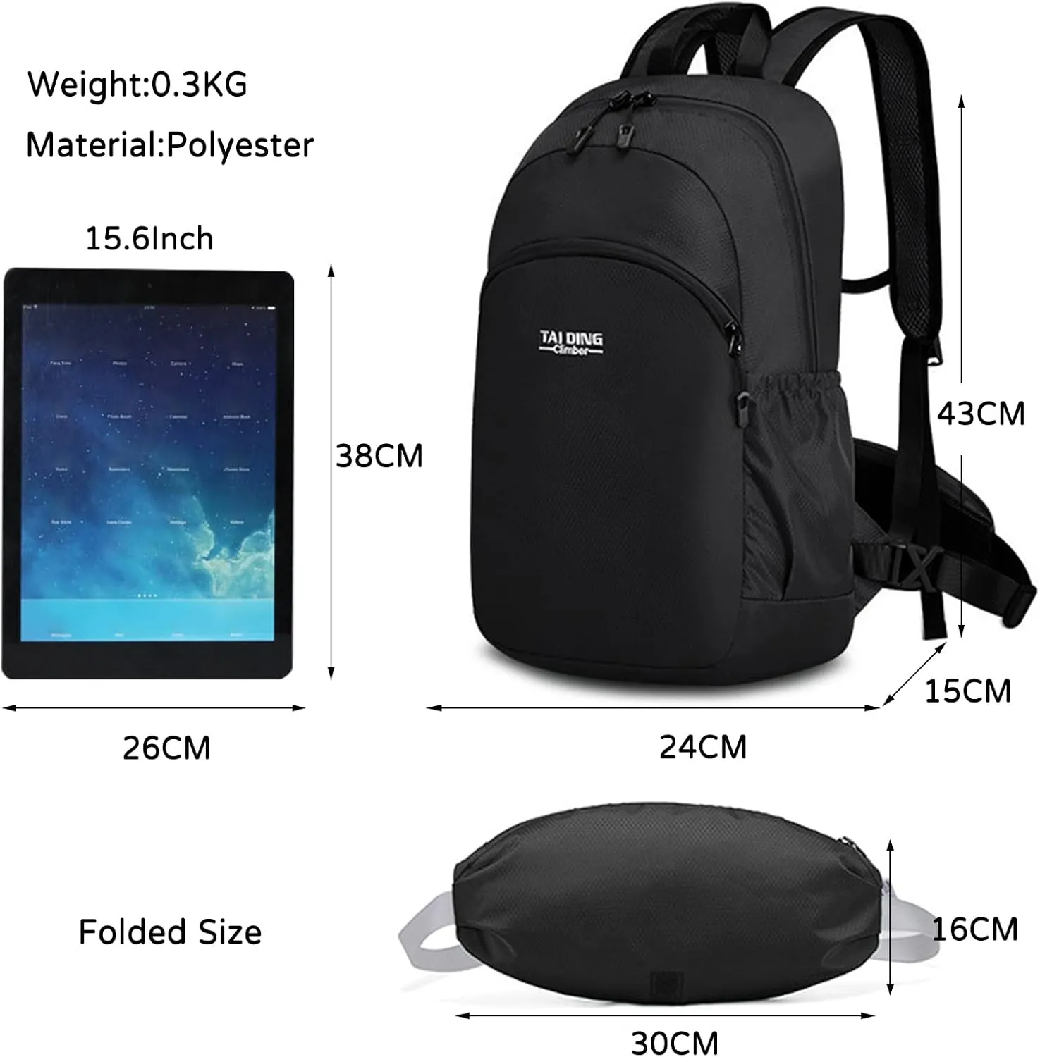 PORRASSO Hiking Backpack Waterproof Daypack Lightweight Foldable Rucksack 19L Backpack for Women Men Camping Trekking Cycling Climbing Outdoor Sports Black