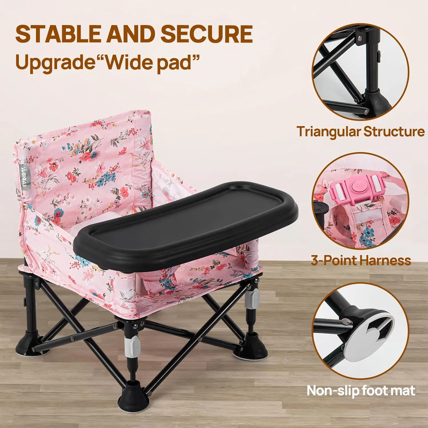 Portable Baby Chair Bumbo Seat with Tray,Baby Camping Chair with Tray for Girl,Design Straps to Kitchen Chairs,Indoor/Outdoor Use(Pink)
