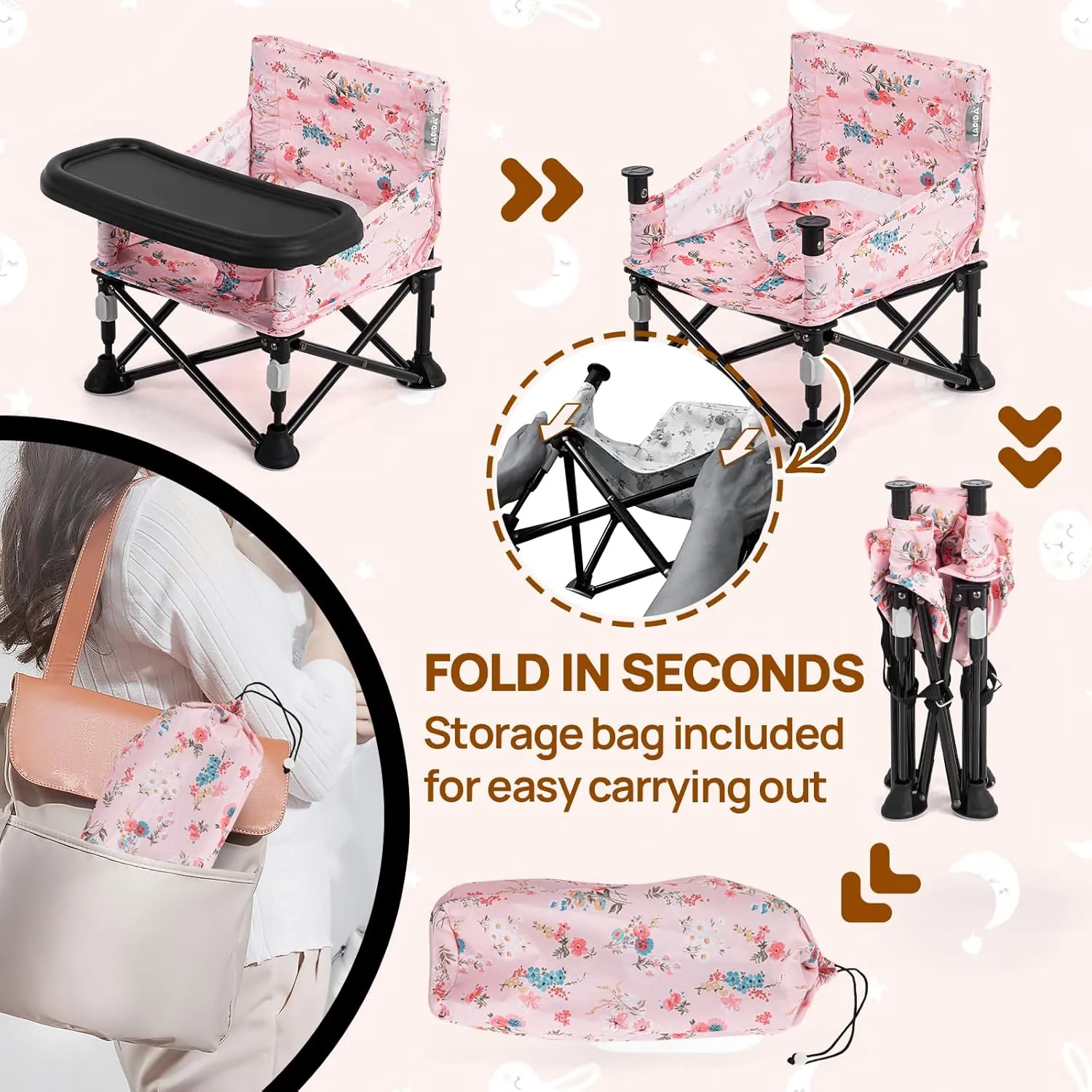 Portable Baby Chair Bumbo Seat with Tray,Baby Camping Chair with Tray for Girl,Design Straps to Kitchen Chairs,Indoor/Outdoor Use(Pink)
