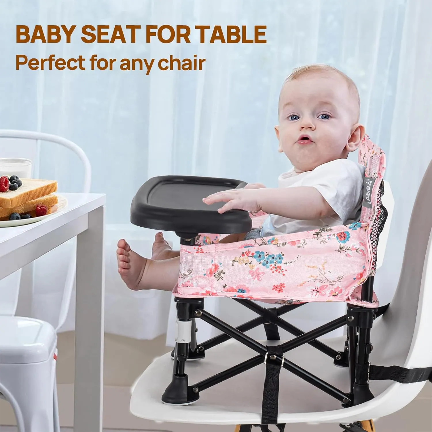 Portable Baby Chair Bumbo Seat with Tray,Baby Camping Chair with Tray for Girl,Design Straps to Kitchen Chairs,Indoor/Outdoor Use(Pink)