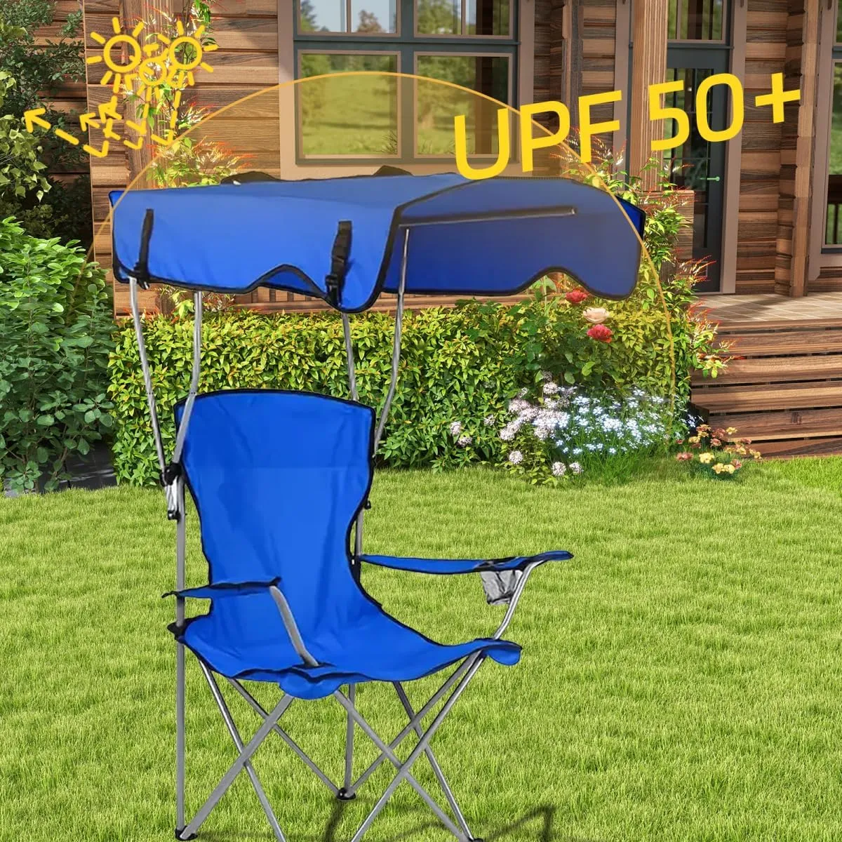 Portable Camping Chair Beach Chair with Shade Canopy, Fold Lightweight Easy to Open and Close Without Installation, Camping Chair with Canopy Folding Camping Recliner for Outdoors