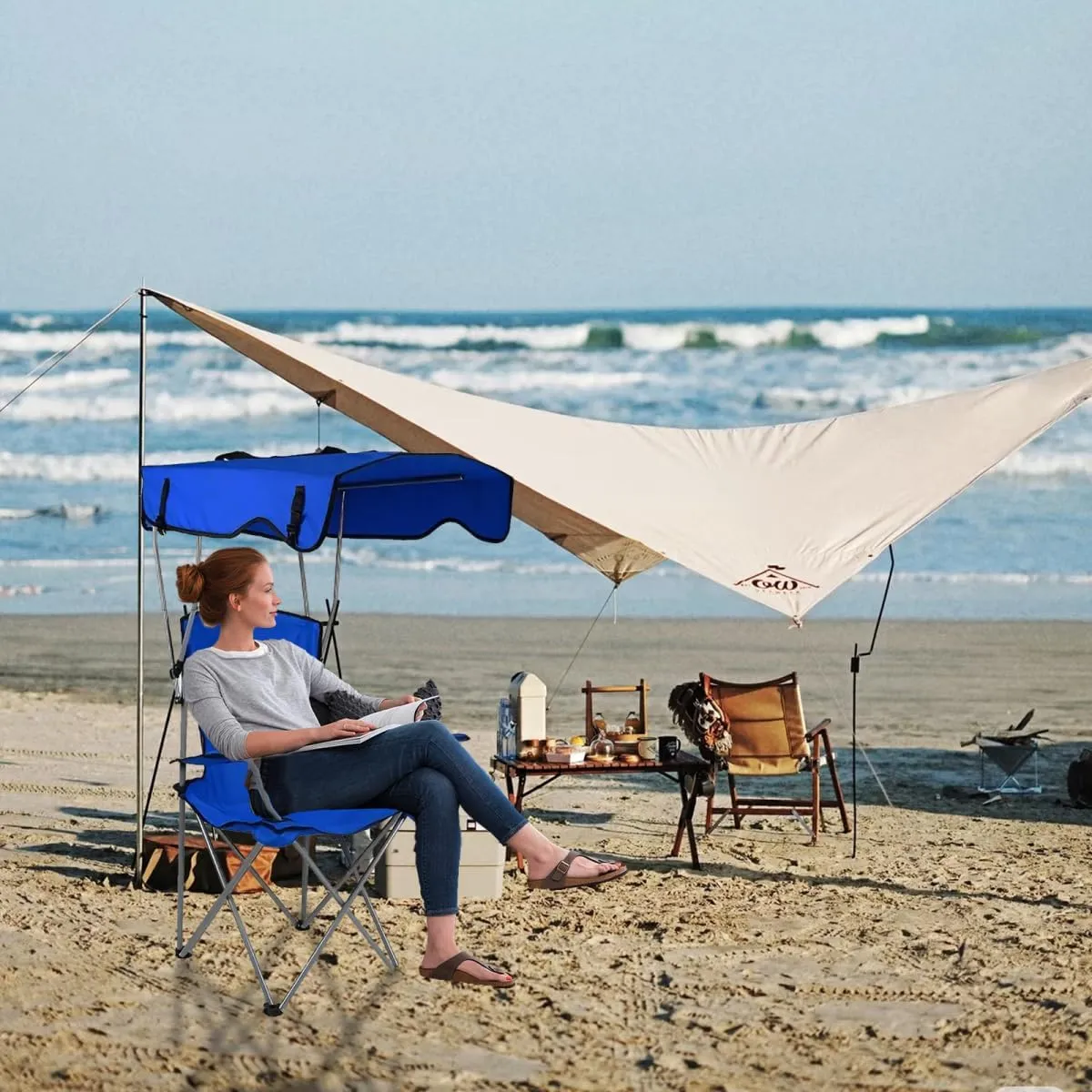 Portable Camping Chair Beach Chair with Shade Canopy, Fold Lightweight Easy to Open and Close Without Installation, Camping Chair with Canopy Folding Camping Recliner for Outdoors
