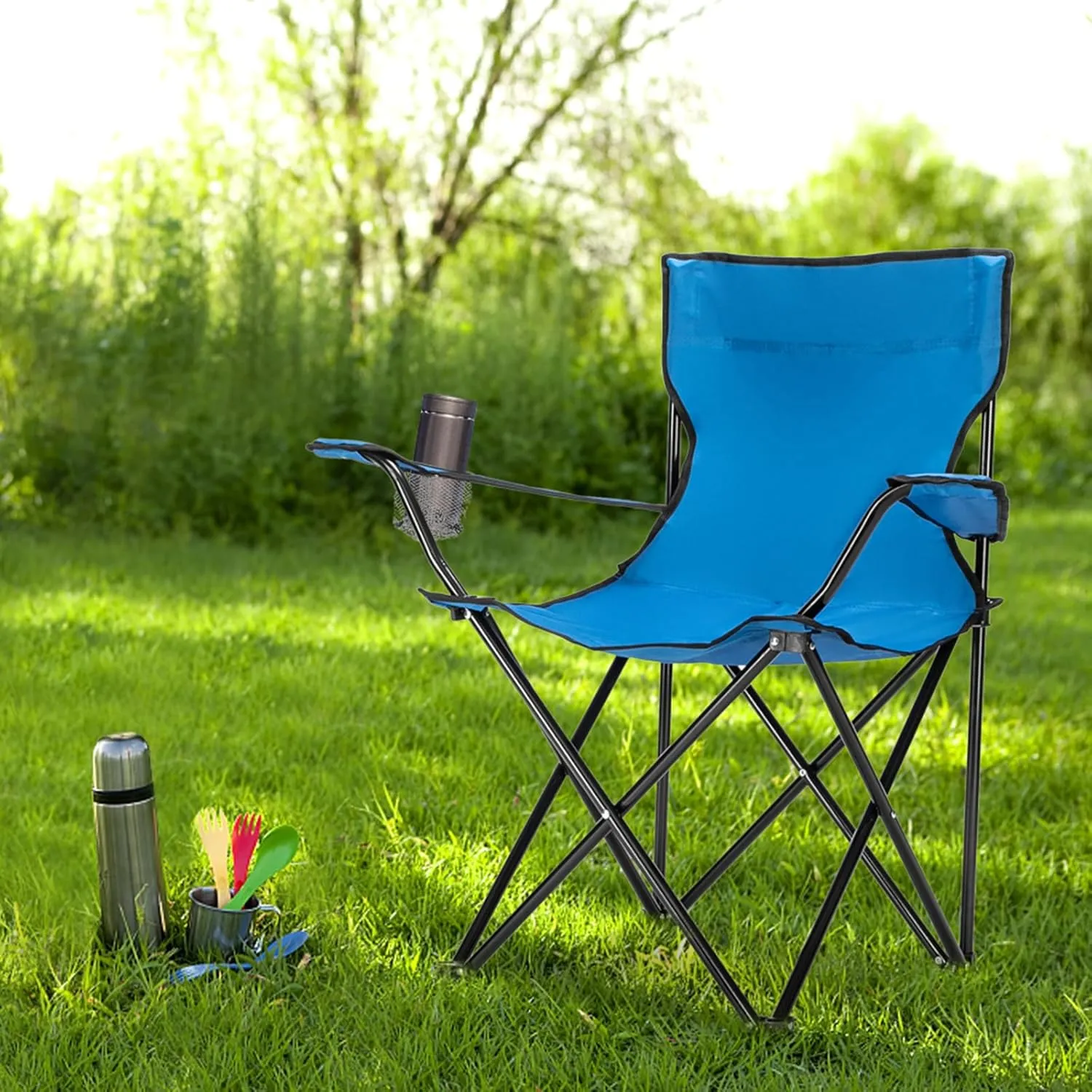 Portable Camping Chairs, Modern Style, Blue, Folding, Lightweight, Ergonomic, Cup Holders, Ideal for Camping, Hiking, Backpacking, Beach, Fishing, Picnics