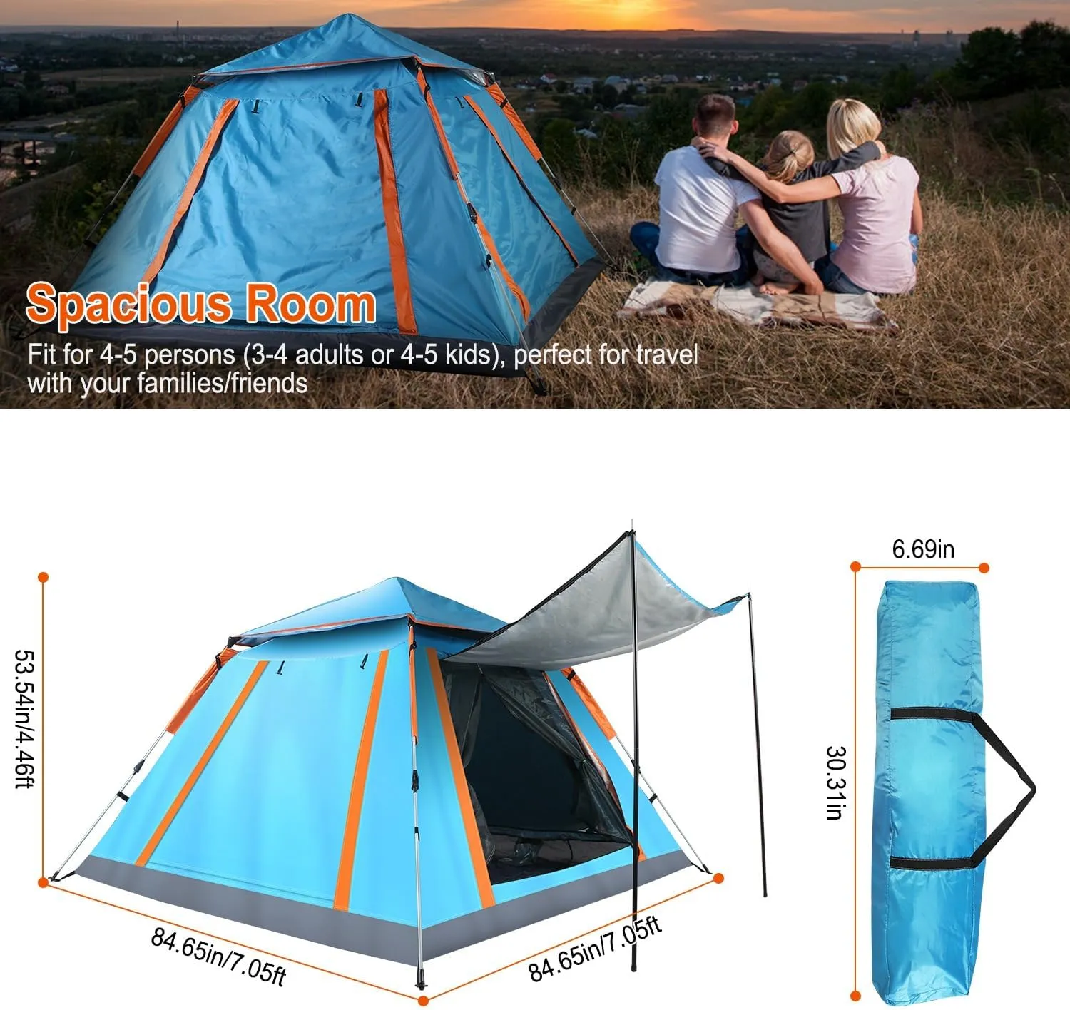Portable Camping Tent with 2 Mosquito Nets Windows, for Garden, Backyard, Courtyard, Beach(84.65" L×84.65" W×53.54" H)