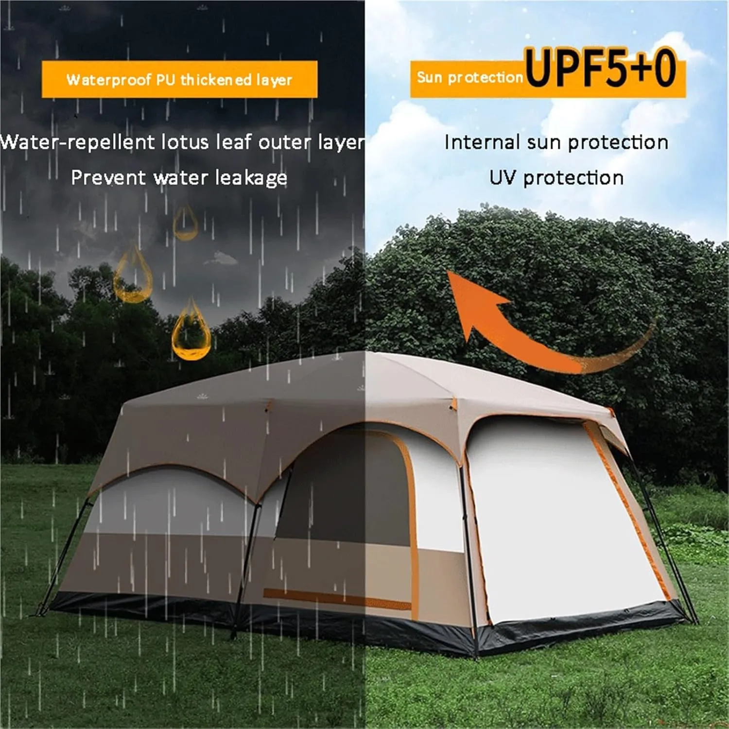 Portable Folding Tent for Camping, can Sleep 12 People, Large Space, 2 Rooms and 1 Living Room, Sun-Proof, Waterproof and Windproof, Four-Season Outdoor Tent