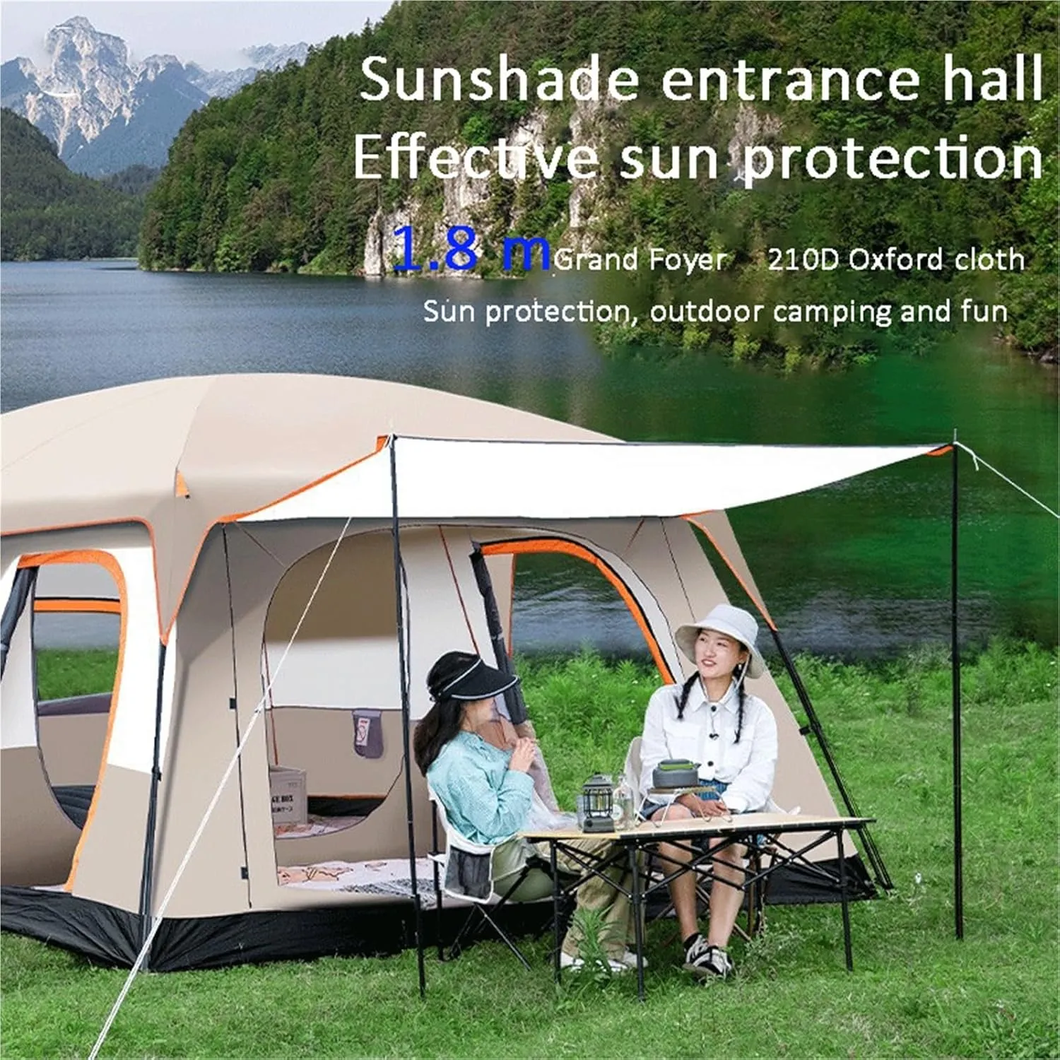 Portable Folding Tent for Camping, can Sleep 12 People, Large Space, 2 Rooms and 1 Living Room, Sun-Proof, Waterproof and Windproof, Four-Season Outdoor Tent