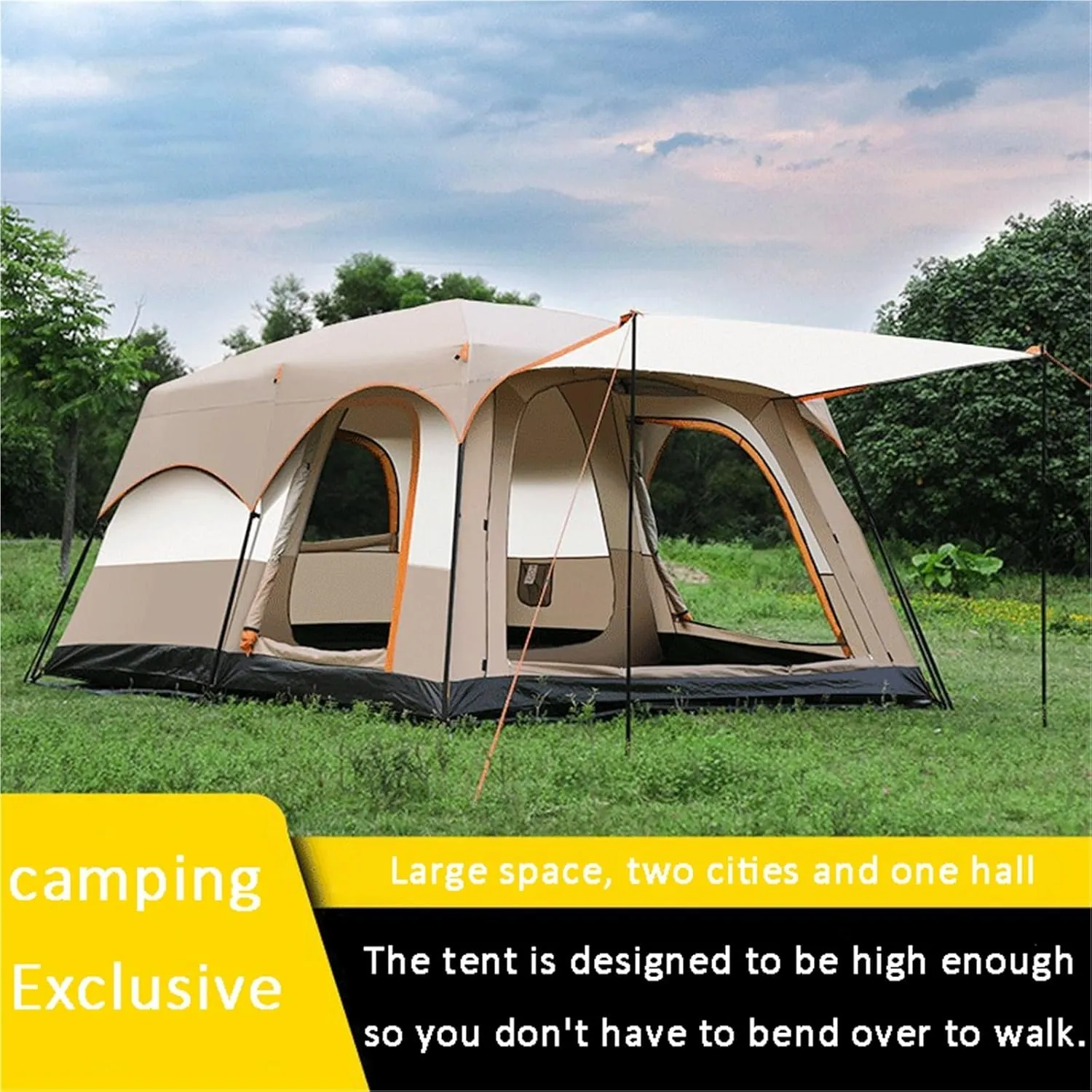 Portable Folding Tent for Camping, can Sleep 12 People, Large Space, 2 Rooms and 1 Living Room, Sun-Proof, Waterproof and Windproof, Four-Season Outdoor Tent
