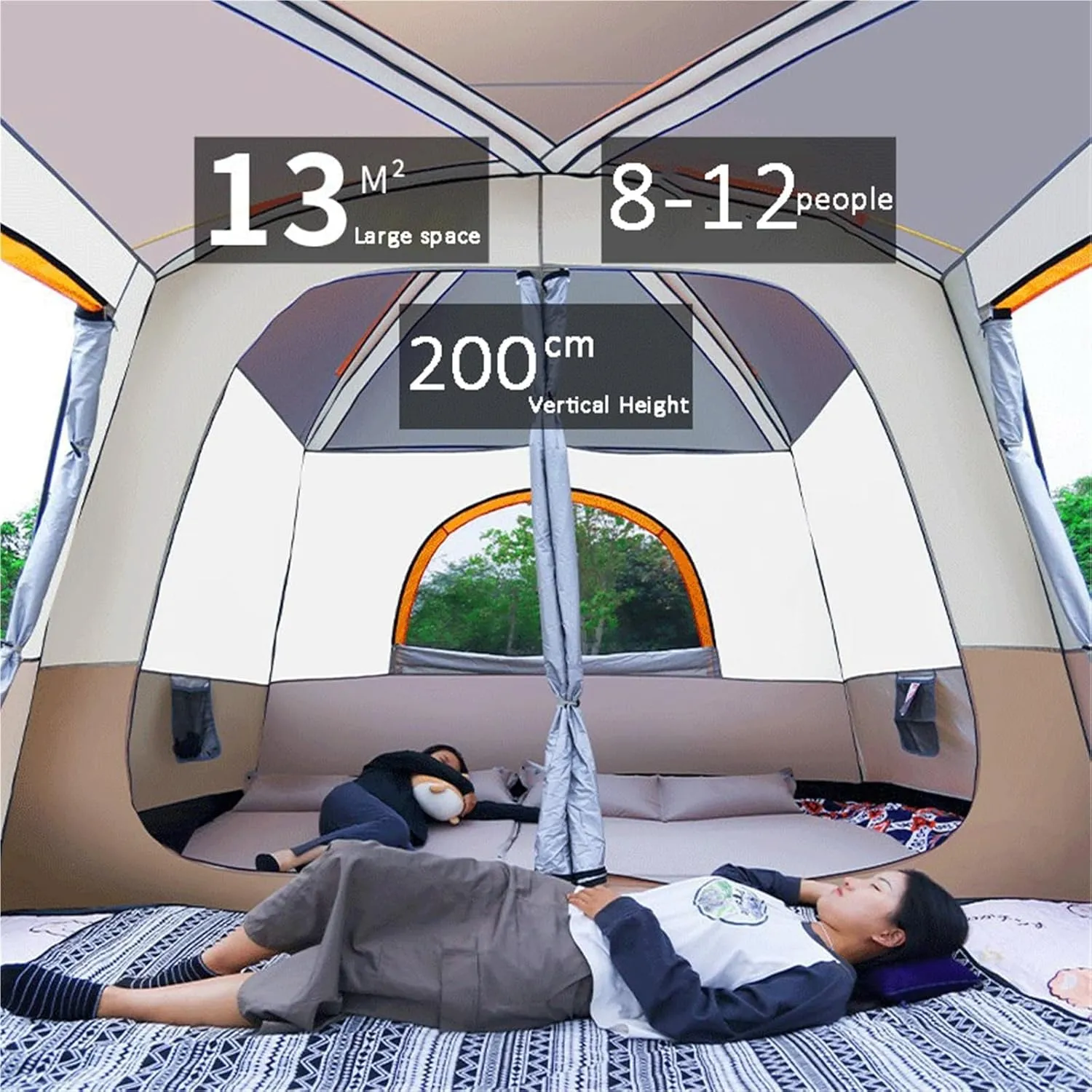 Portable Folding Tent for Camping, can Sleep 12 People, Large Space, 2 Rooms and 1 Living Room, Sun-Proof, Waterproof and Windproof, Four-Season Outdoor Tent