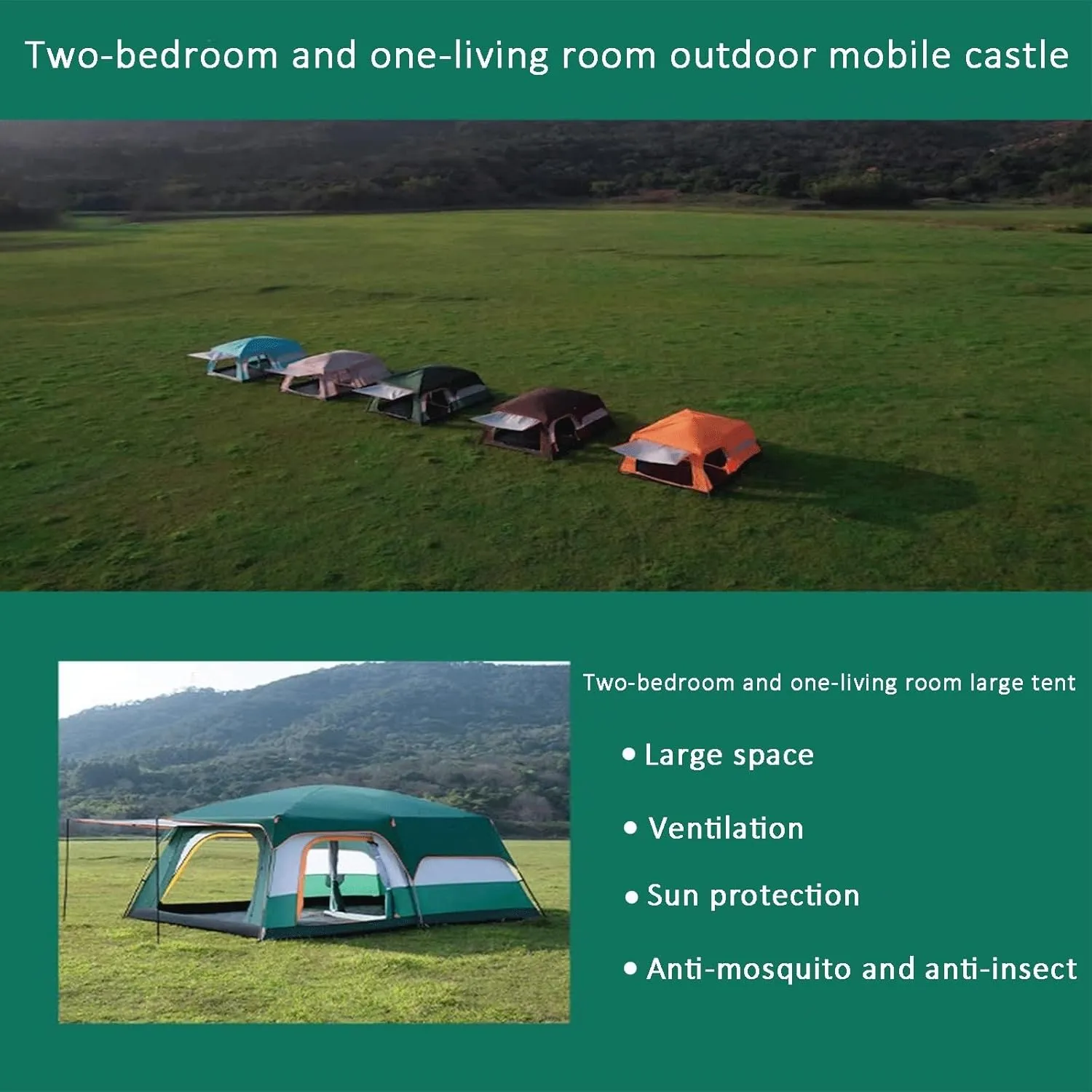 Portable Folding Tent for Camping, can Sleep 12 People, Large Space, 2 Rooms and 1 Living Room, Sun-Proof, Waterproof and Windproof, Four-Season Outdoor Tent